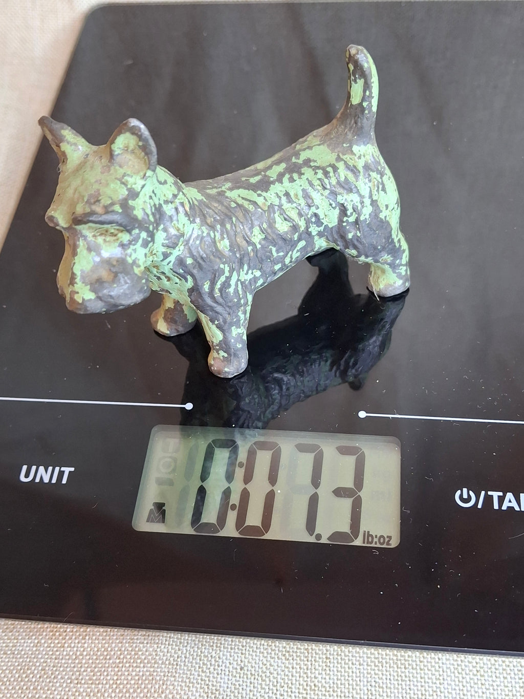 Antique Crescent Metal Works Cast Iron Scotty Dog Figurine Green Paint 1930s PA