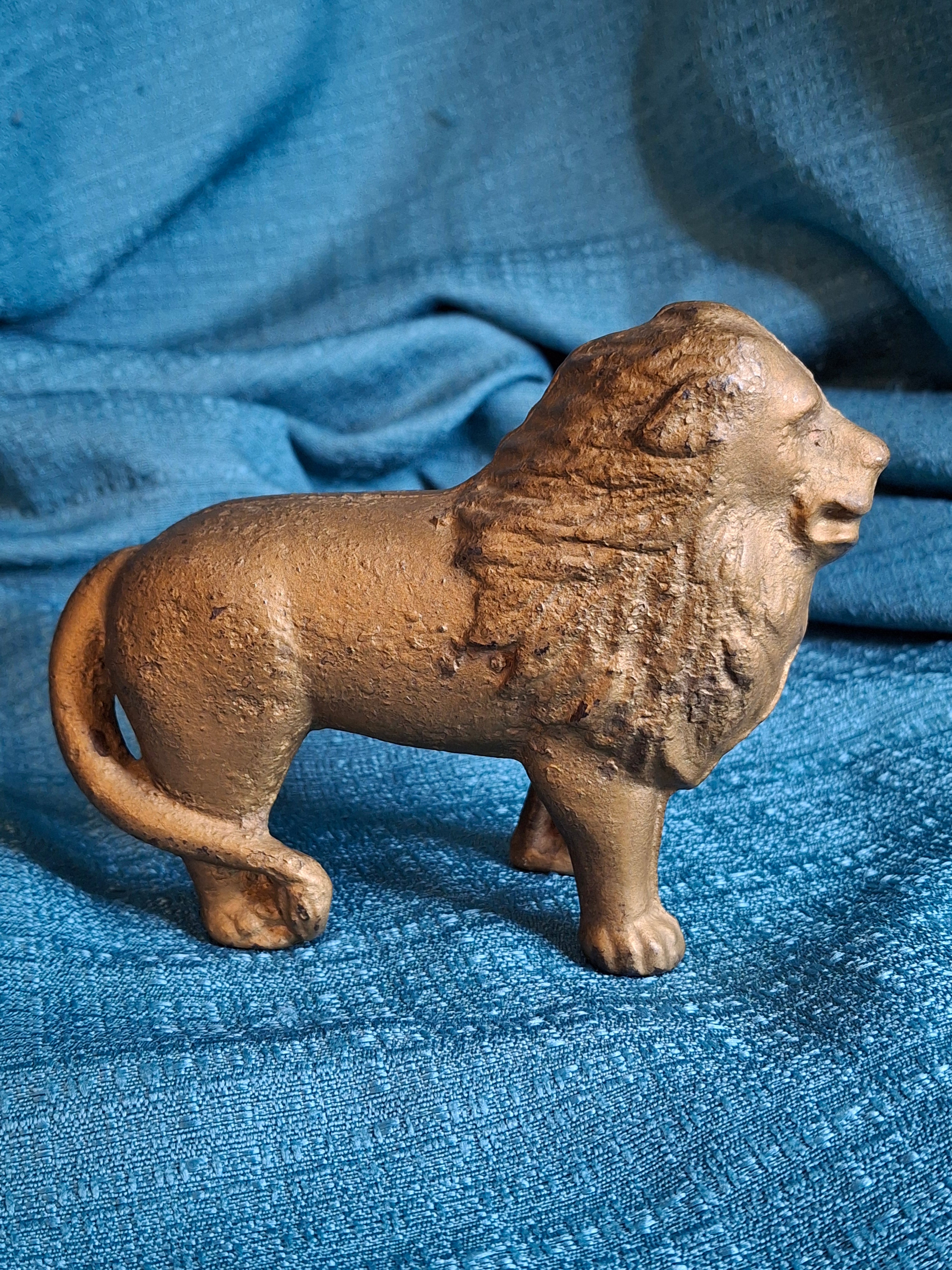 Antique A.C. Williams Cast Iron Lion Still Bank Tail Right Standing Gold Paint c. 1910-1920s