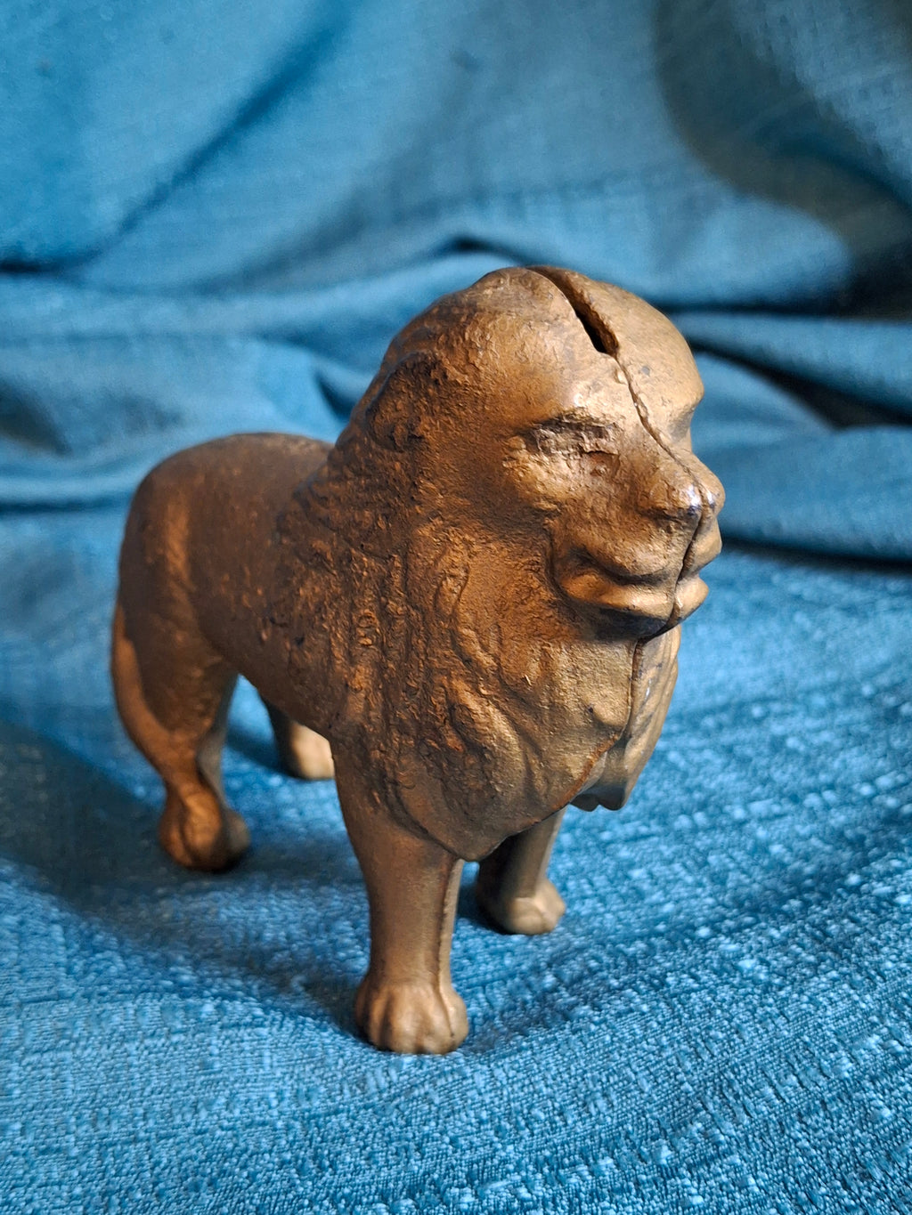 Antique A.C. Williams Cast Iron Lion Still Bank Tail Right Standing Gold Paint c. 1910-1920s
