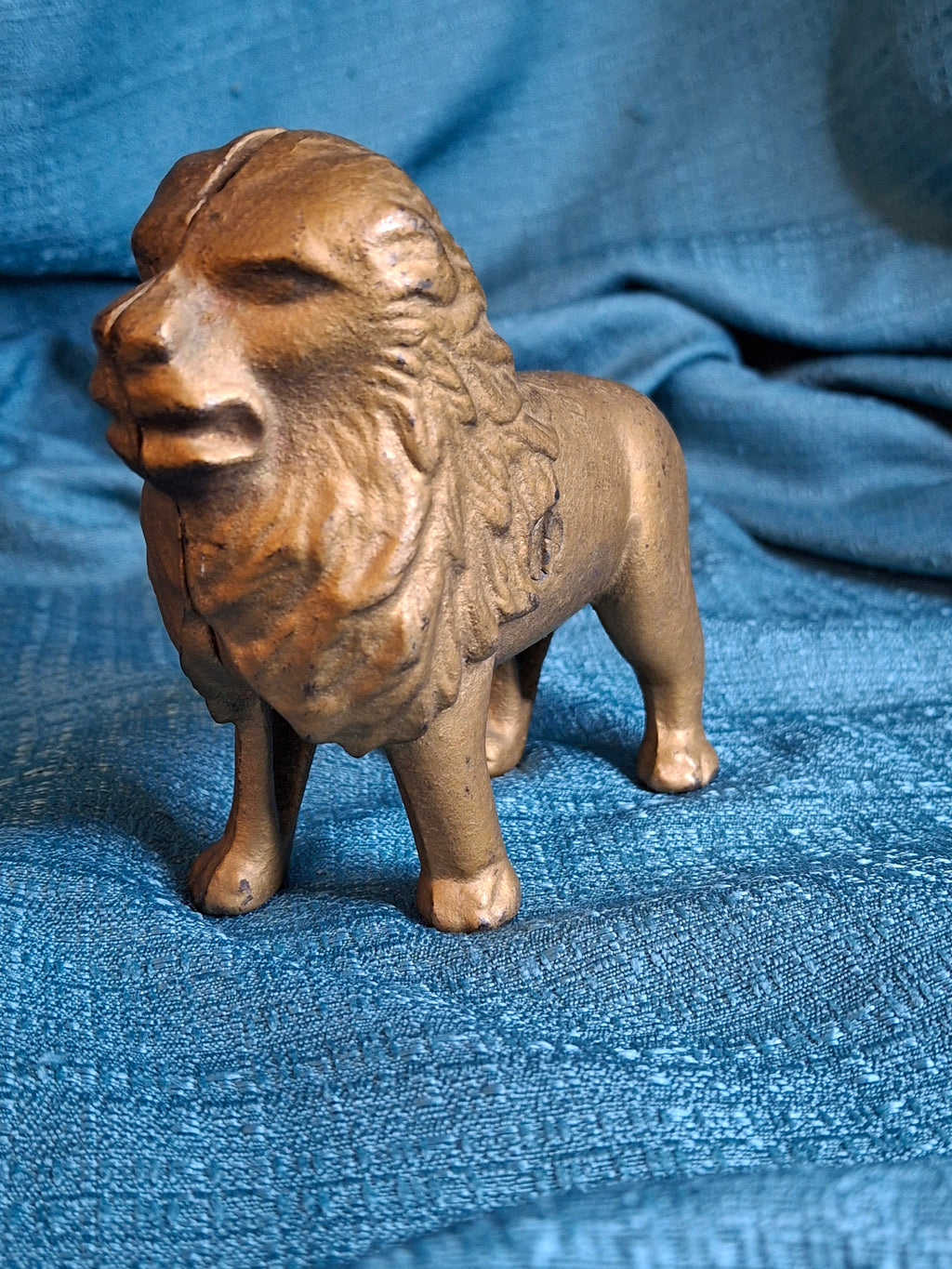 Antique A.C. Williams Cast Iron Lion Still Bank Tail Right Standing Gold Paint c. 1910-1920s