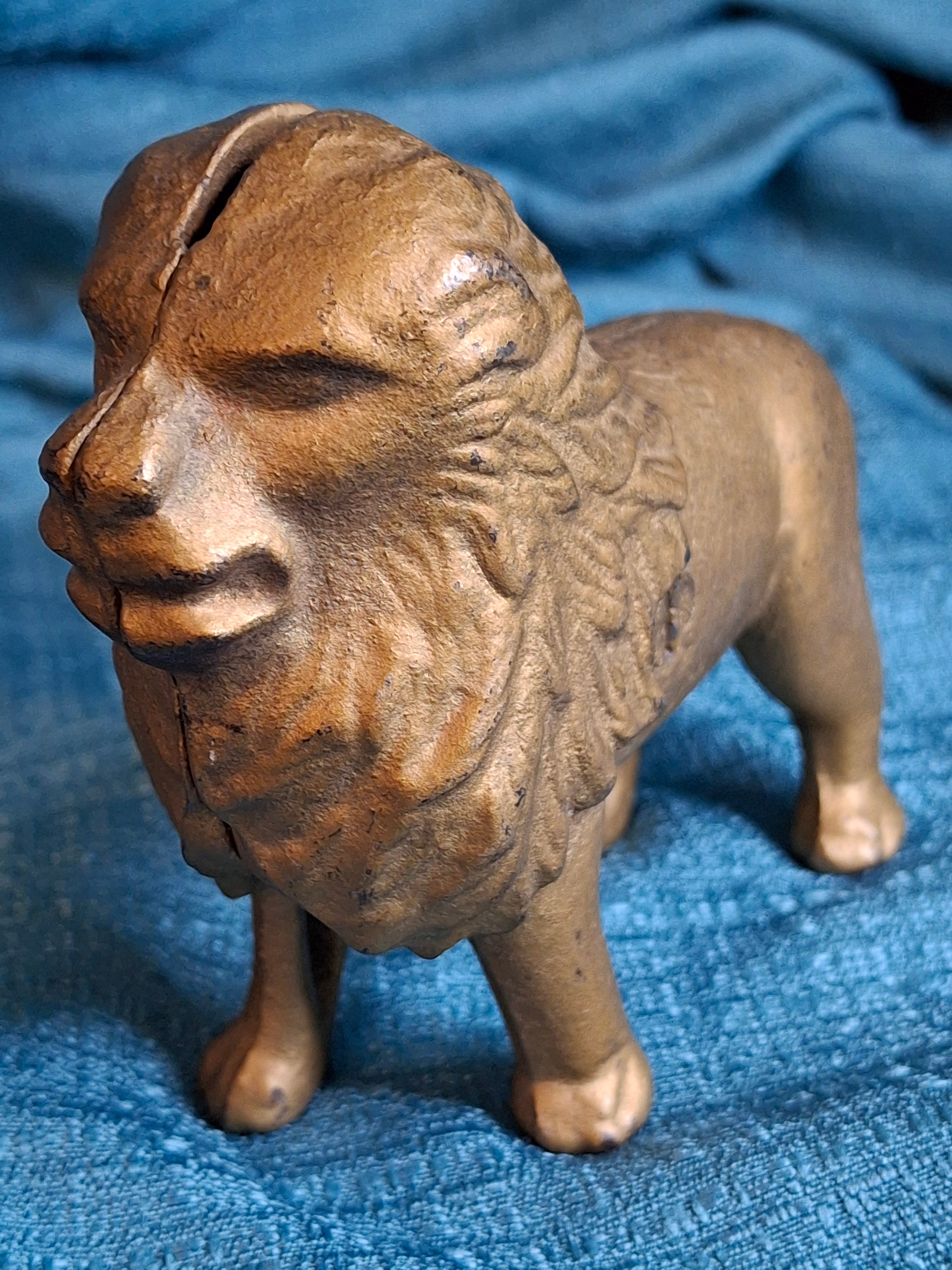 Antique A.C. Williams Cast Iron Lion Still Bank Tail Right Standing Gold Paint c. 1910-1920s