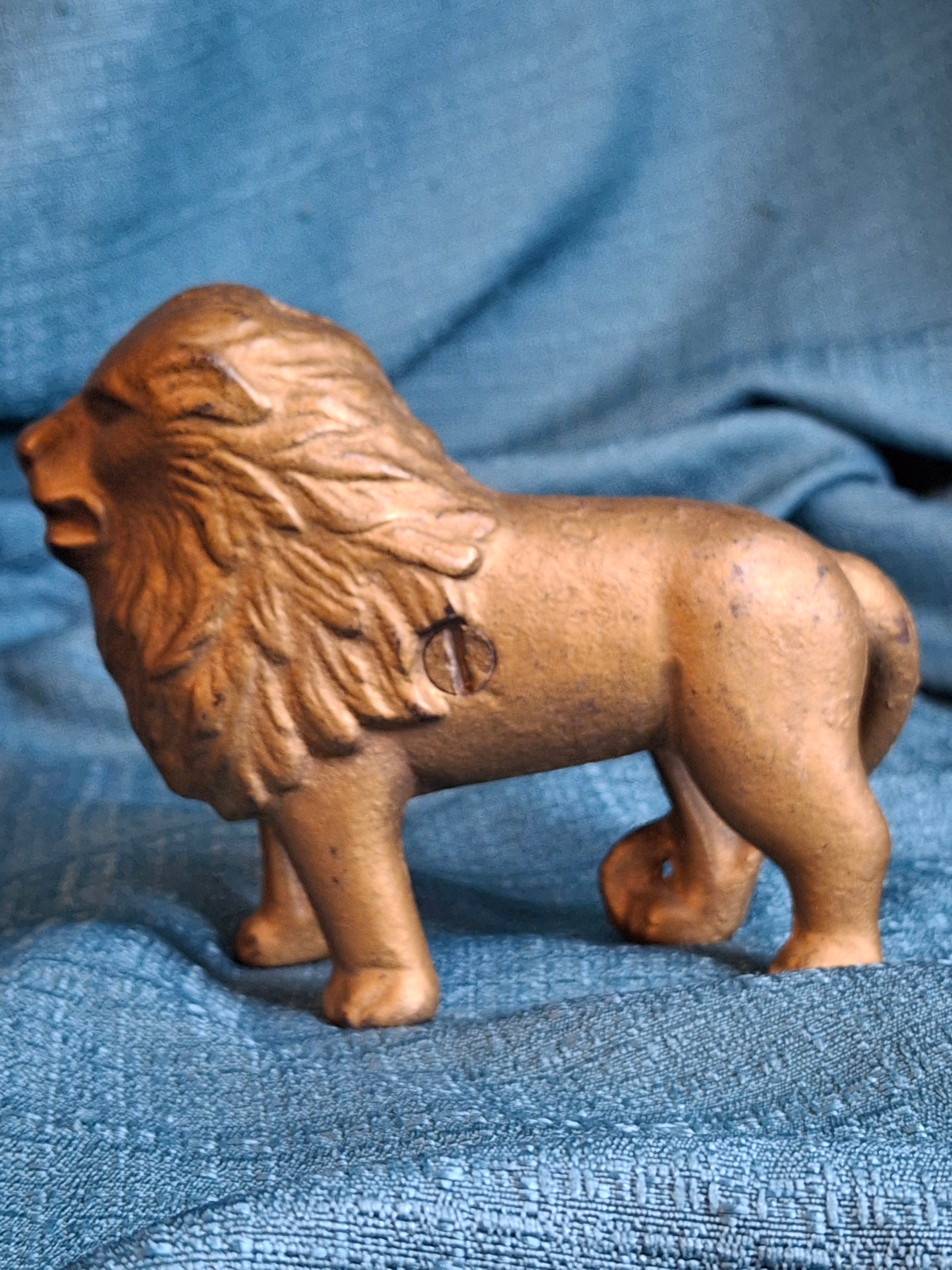 Antique A.C. Williams Cast Iron Lion Still Bank Tail Right Standing Gold Paint c. 1910-1920s