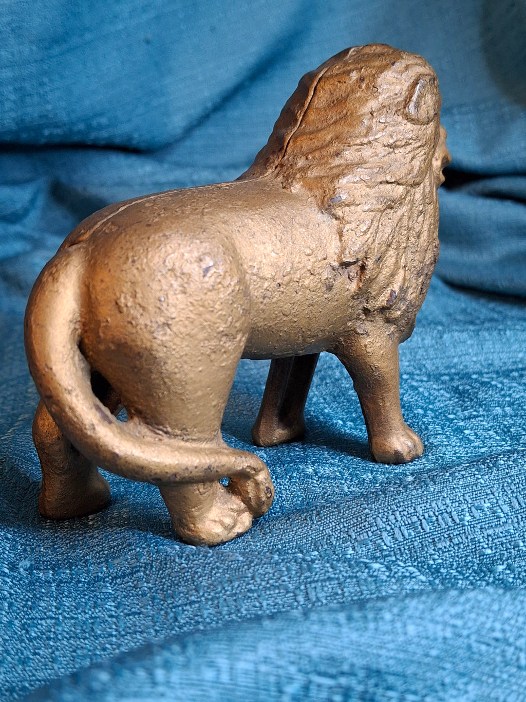 Antique A.C. Williams Cast Iron Lion Still Bank Tail Right Standing Gold Paint c. 1910-1920s
