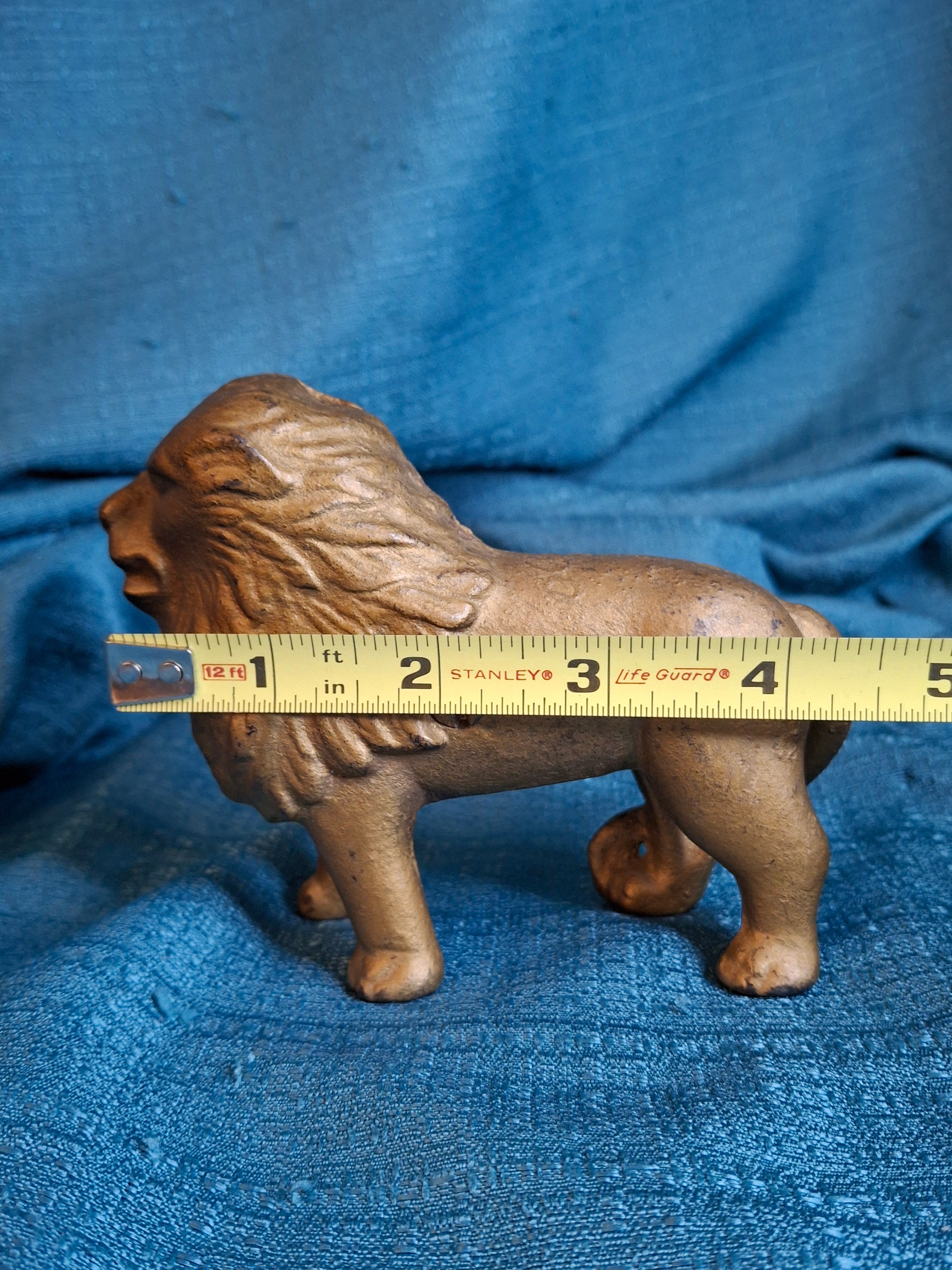 Antique A.C. Williams Cast Iron Lion Still Bank Tail Right Standing Gold Paint c. 1910-1920s