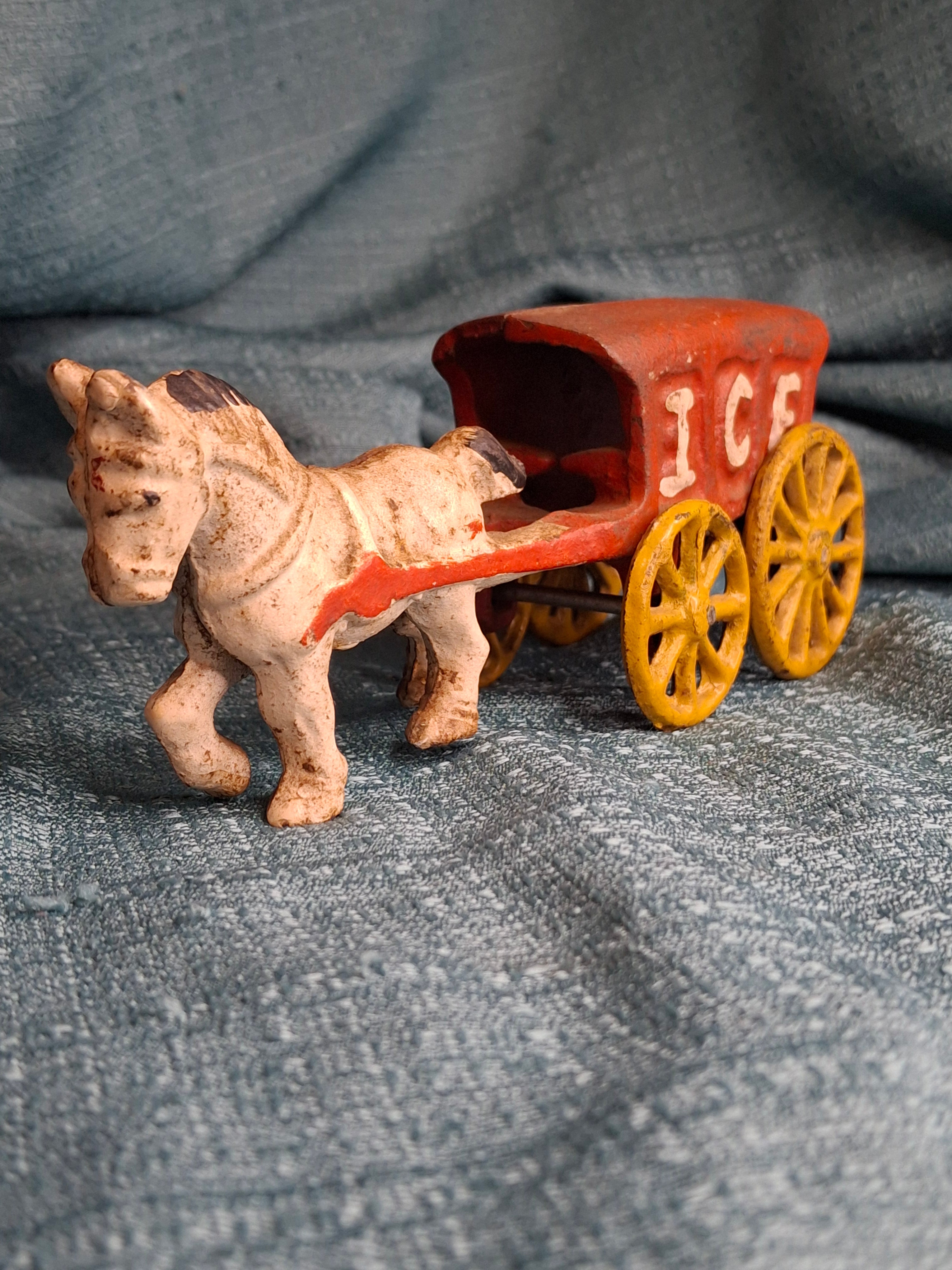 Antique Kenton Cast Iron Horse Drawn Ice Wagon Toy 7" - Red & Yellow Original Paint