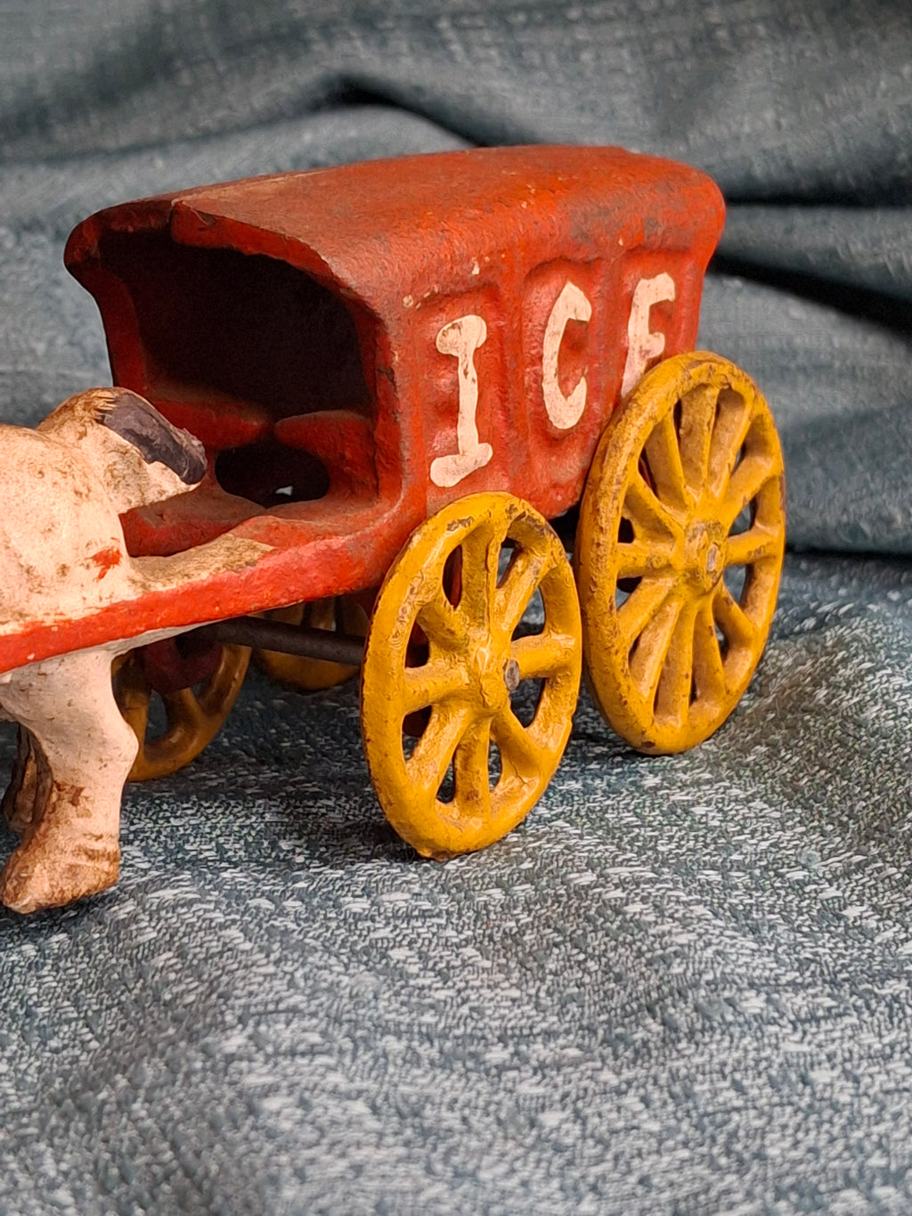 Antique Kenton Cast Iron Horse Drawn Ice Wagon Toy 7" - Red & Yellow Original Paint