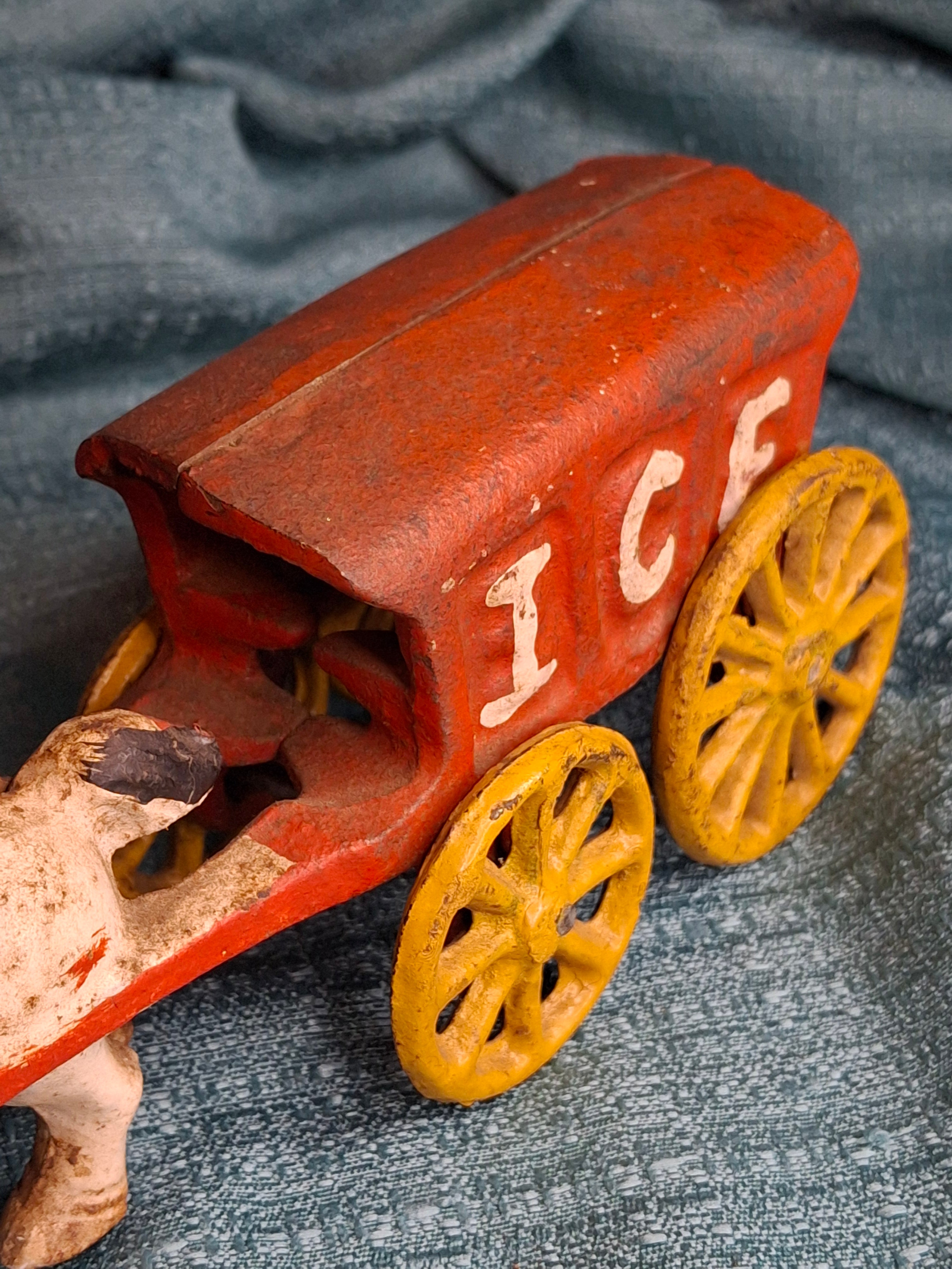 Antique Kenton Cast Iron Horse Drawn Ice Wagon Toy 7" - Red & Yellow Original Paint