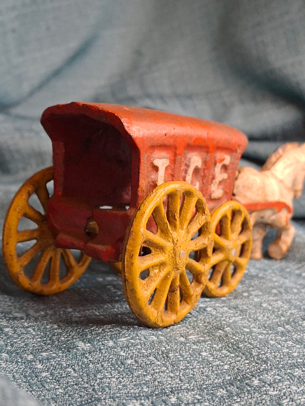 Antique Kenton Cast Iron Horse Drawn Ice Wagon Toy 7" - Red & Yellow Original Paint