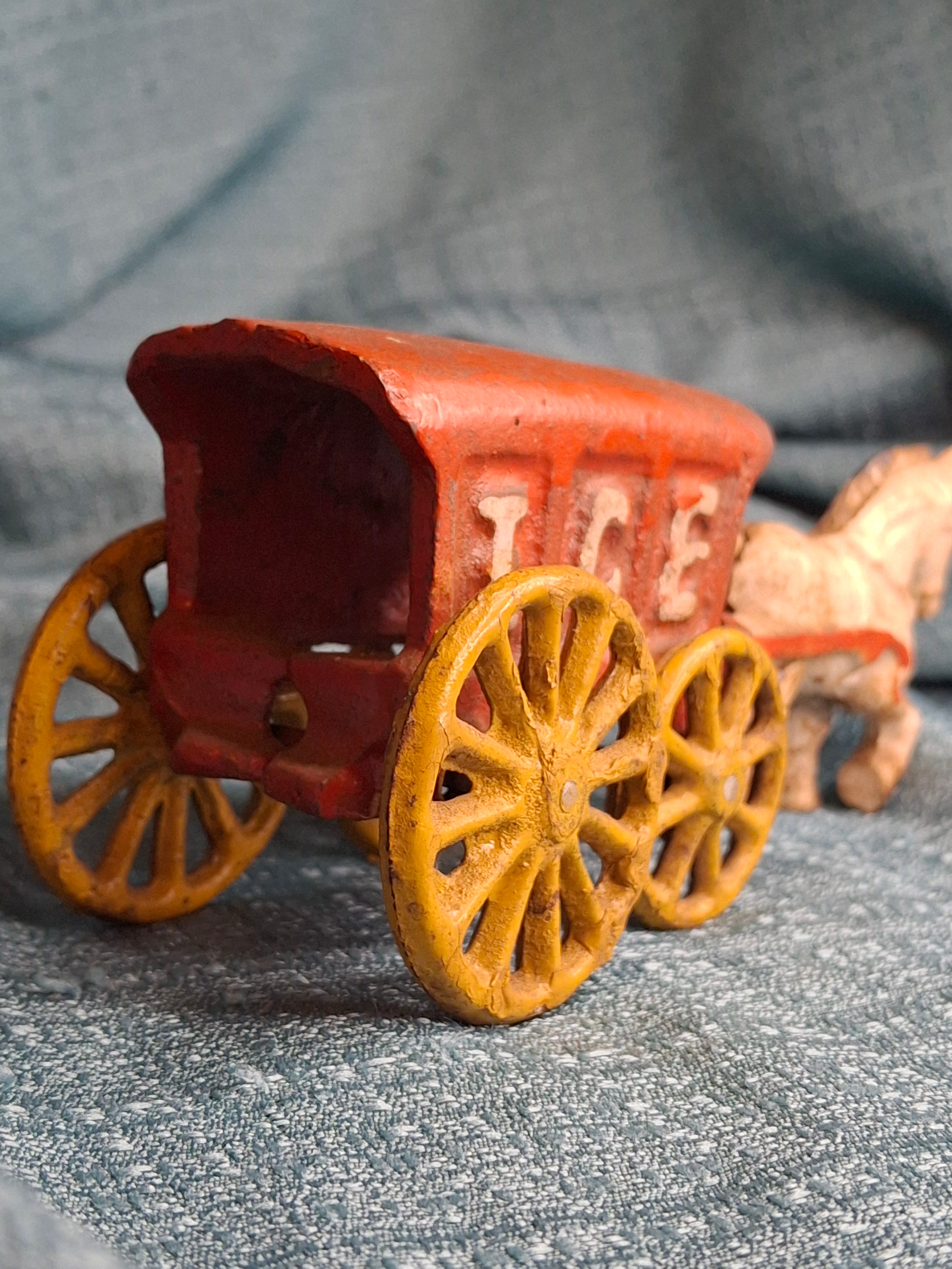 Antique Kenton Cast Iron Horse Drawn Ice Wagon Toy 7" - Red & Yellow Original Paint