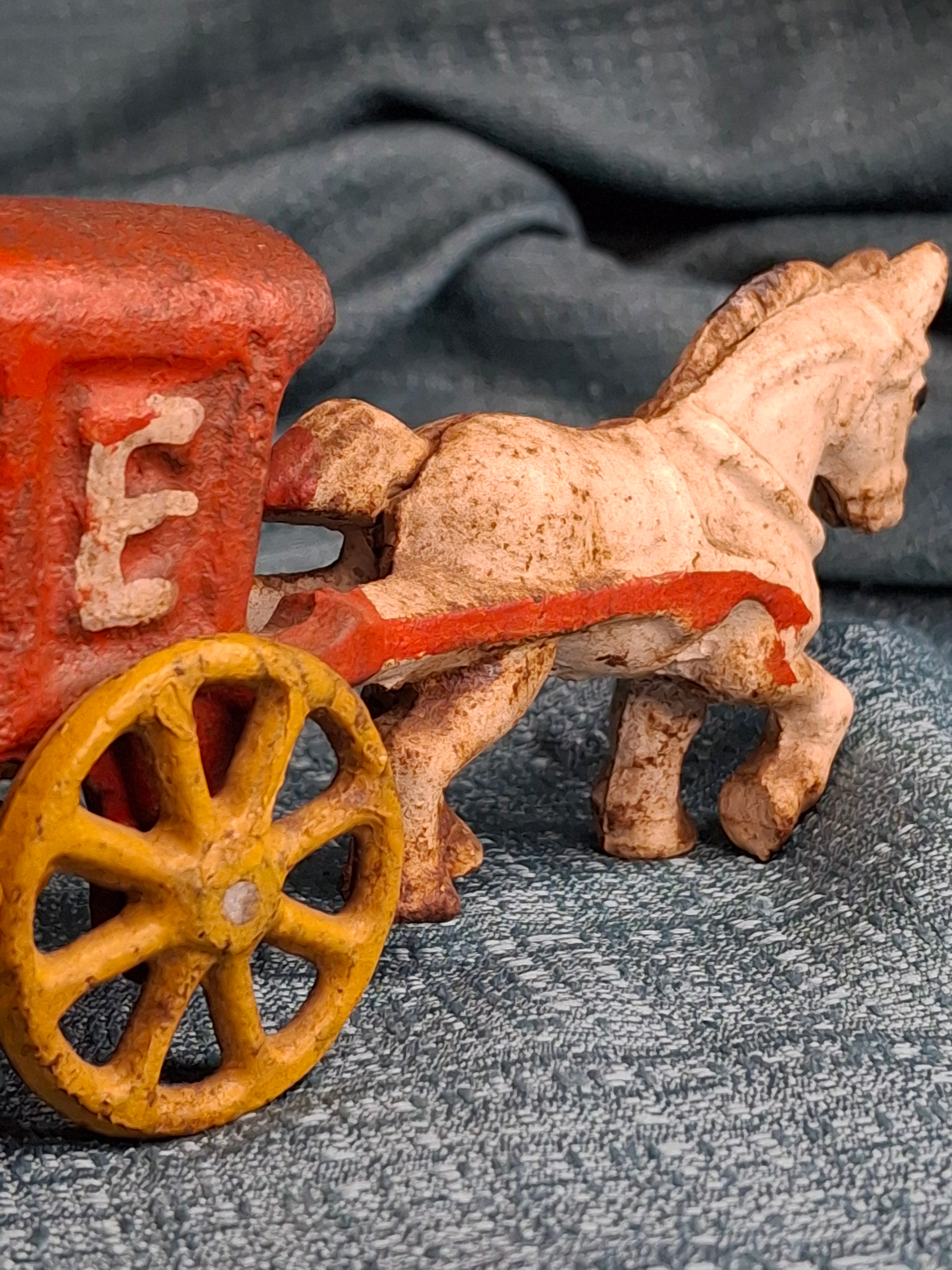 Antique Kenton Cast Iron Horse Drawn Ice Wagon Toy 7" - Red & Yellow Original Paint