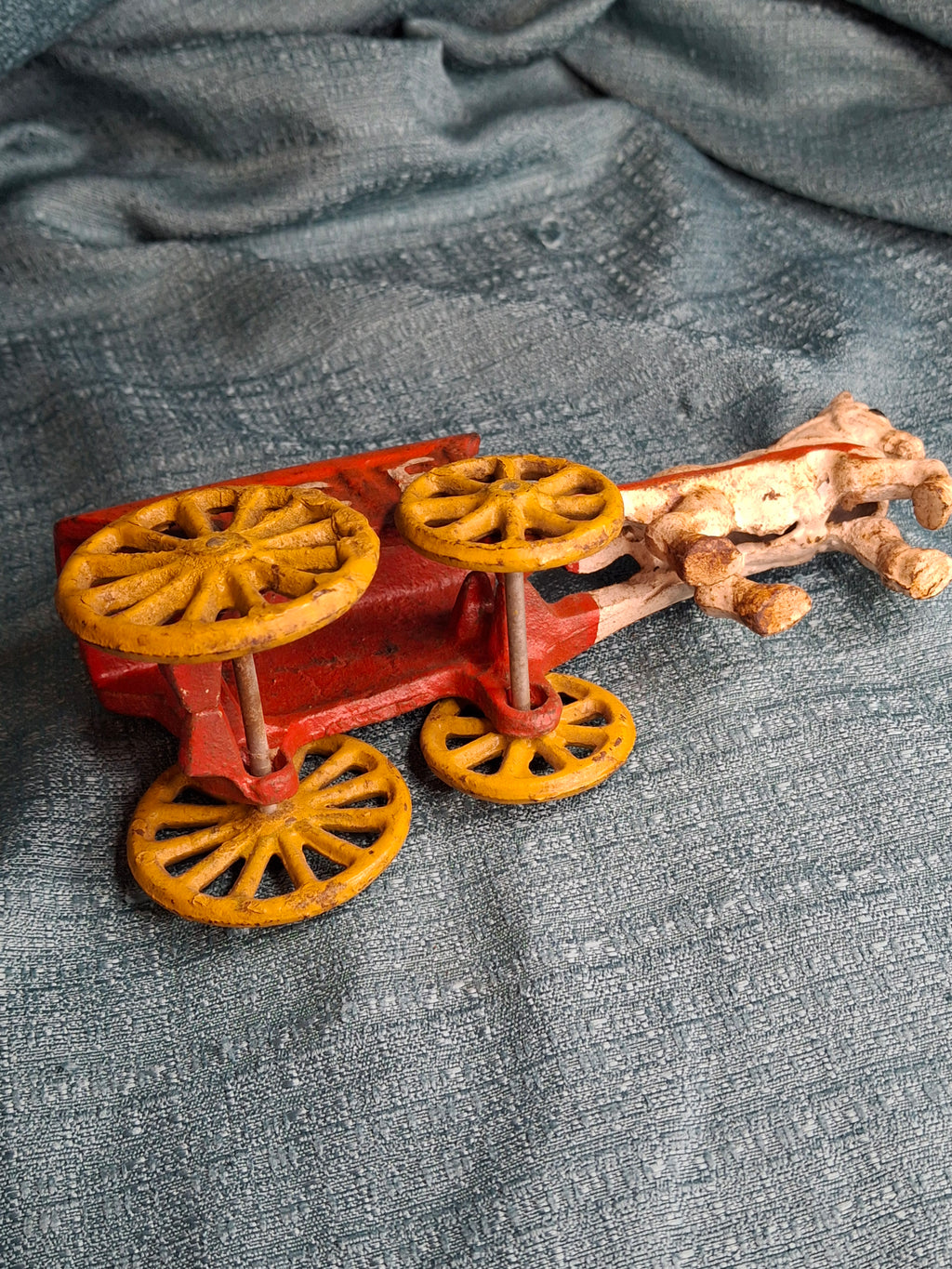 Antique Kenton Cast Iron Horse Drawn Ice Wagon Toy 7" - Red & Yellow Original Paint
