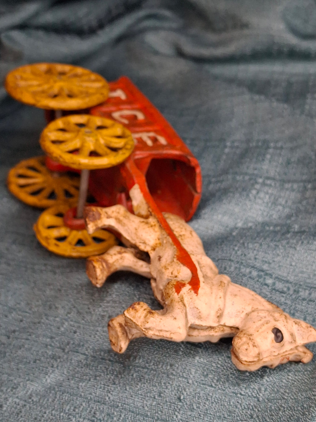Antique Kenton Cast Iron Horse Drawn Ice Wagon Toy 7" - Red & Yellow Original Paint