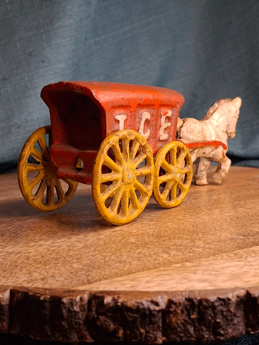 Antique Kenton Cast Iron Horse Drawn Ice Wagon Toy 7" - Red & Yellow Original Paint