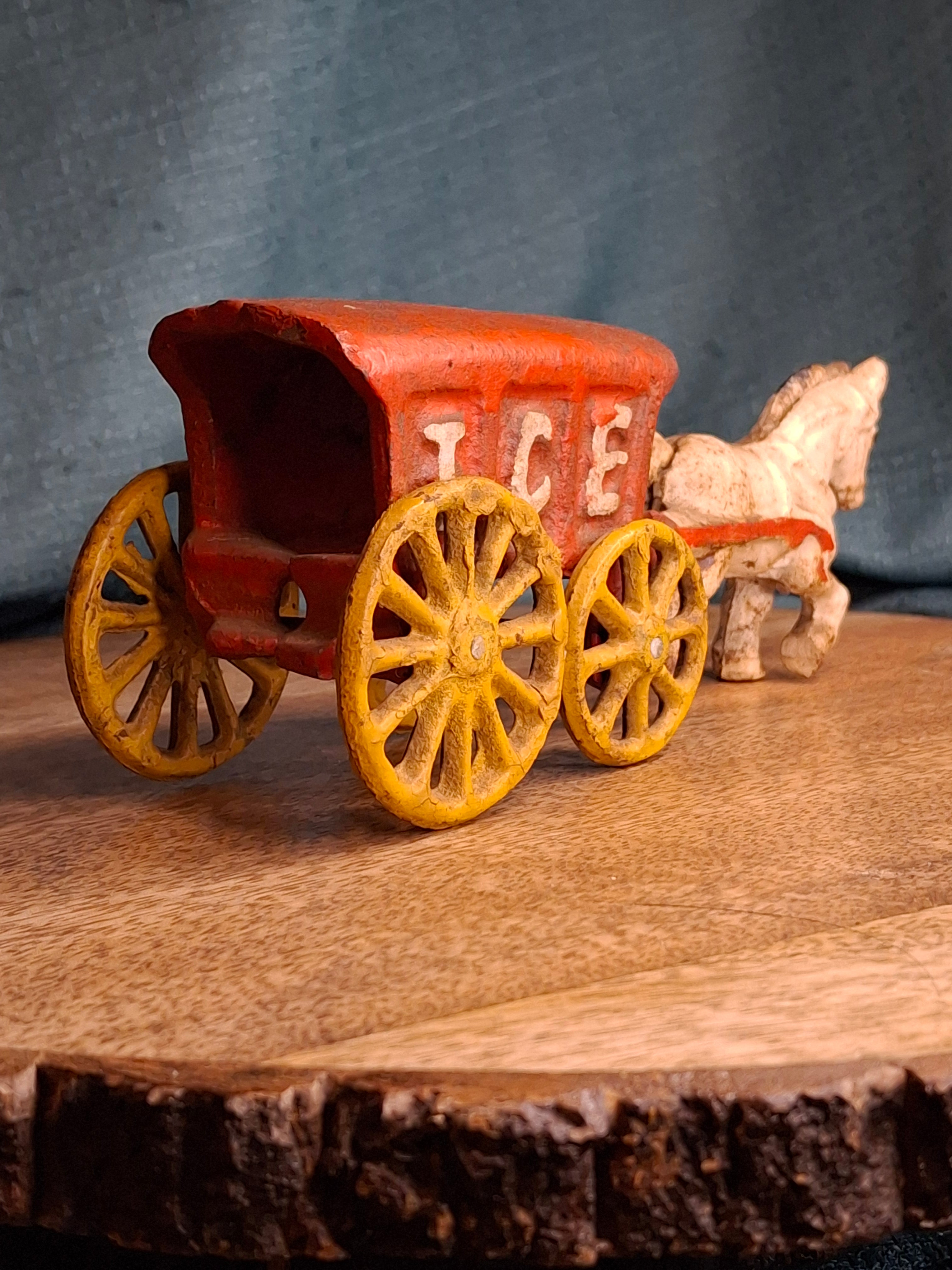 Antique Kenton Cast Iron Horse Drawn Ice Wagon Toy 7" - Red & Yellow Original Paint