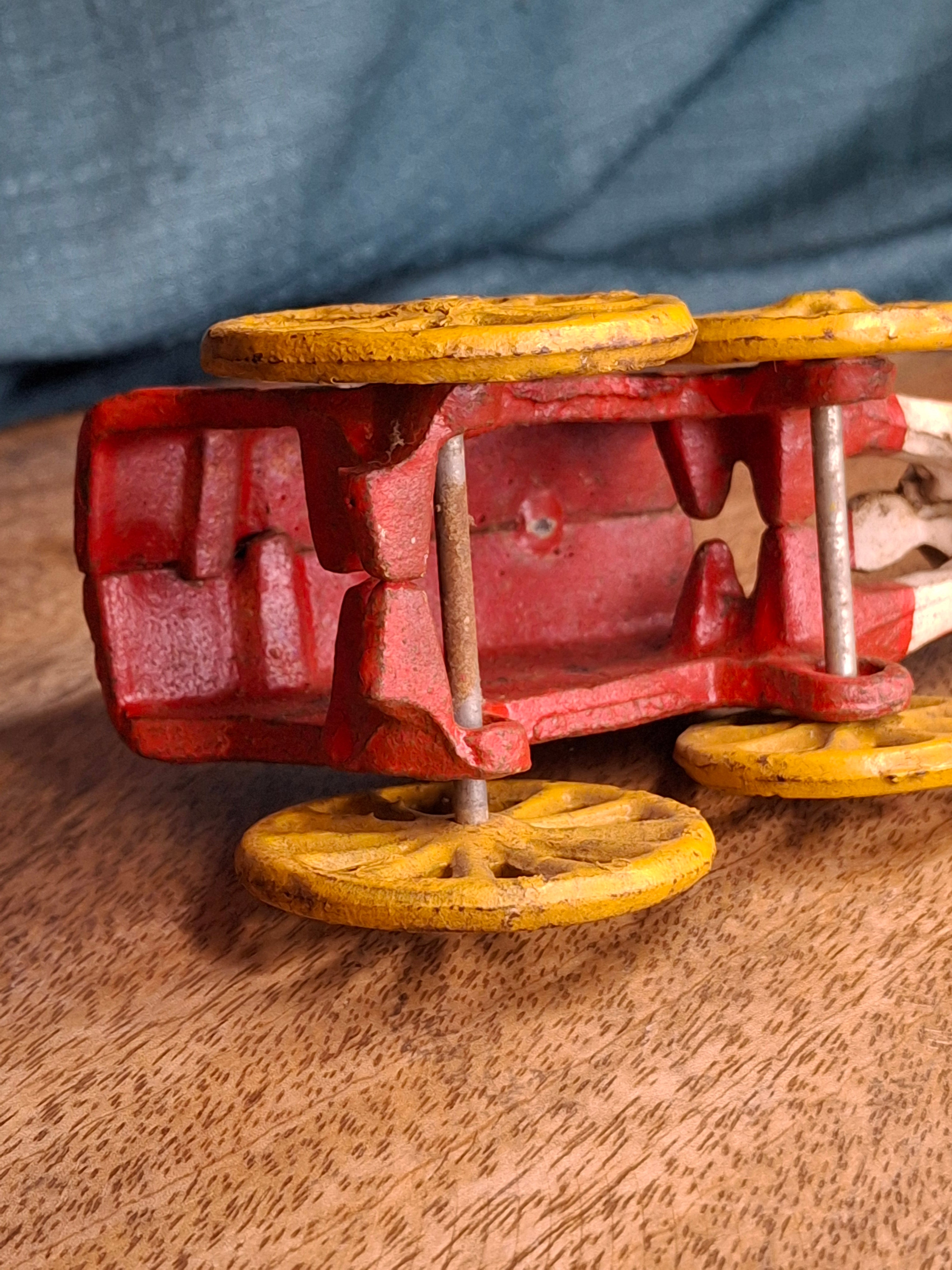 Antique Kenton Cast Iron Horse Drawn Ice Wagon Toy 7" - Red & Yellow Original Paint