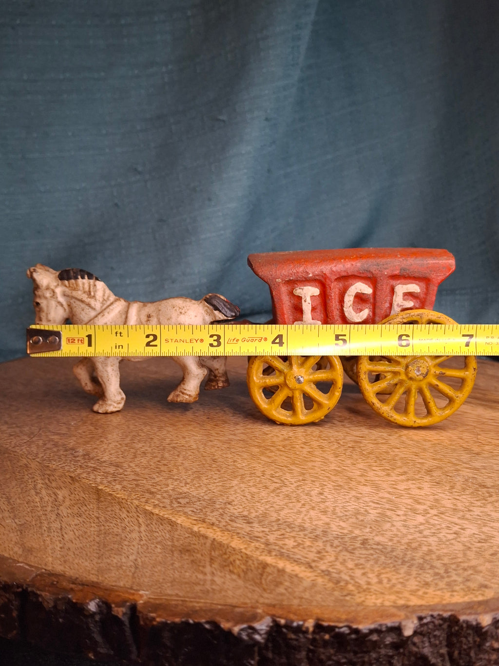 Antique Kenton Cast Iron Horse Drawn Ice Wagon Toy 7" - Red & Yellow Original Paint