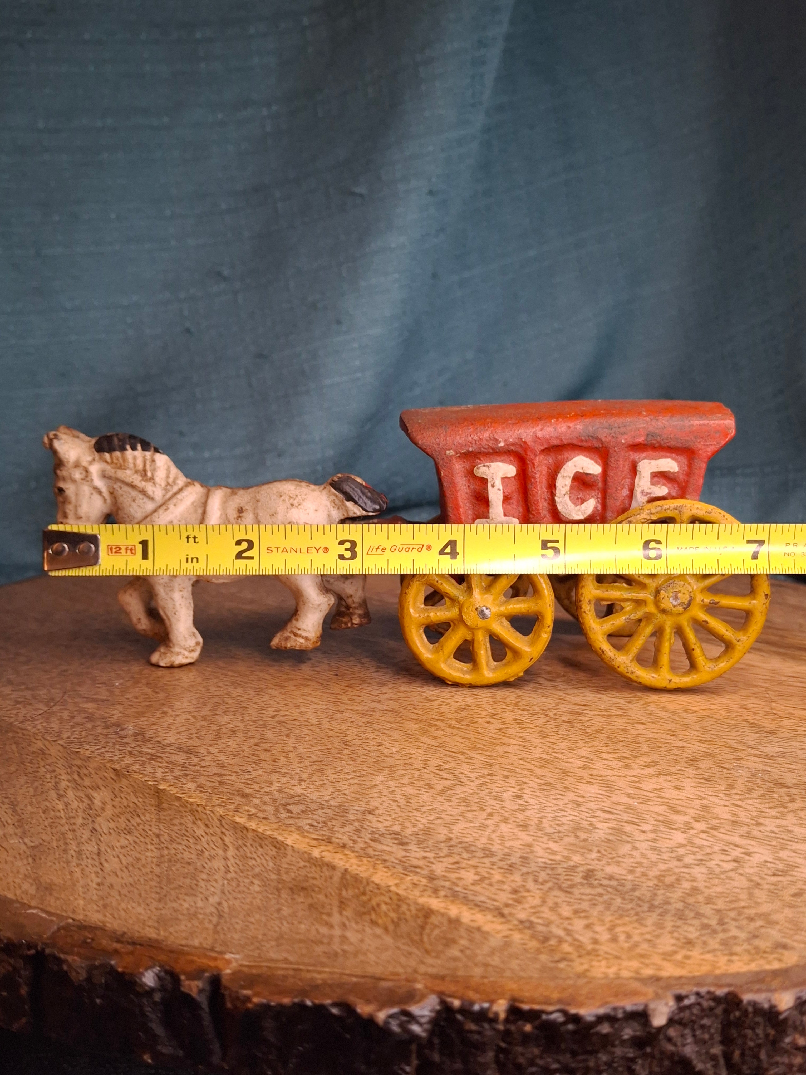 Antique Kenton Cast Iron Horse Drawn Ice Wagon Toy 7" - Red & Yellow Original Paint