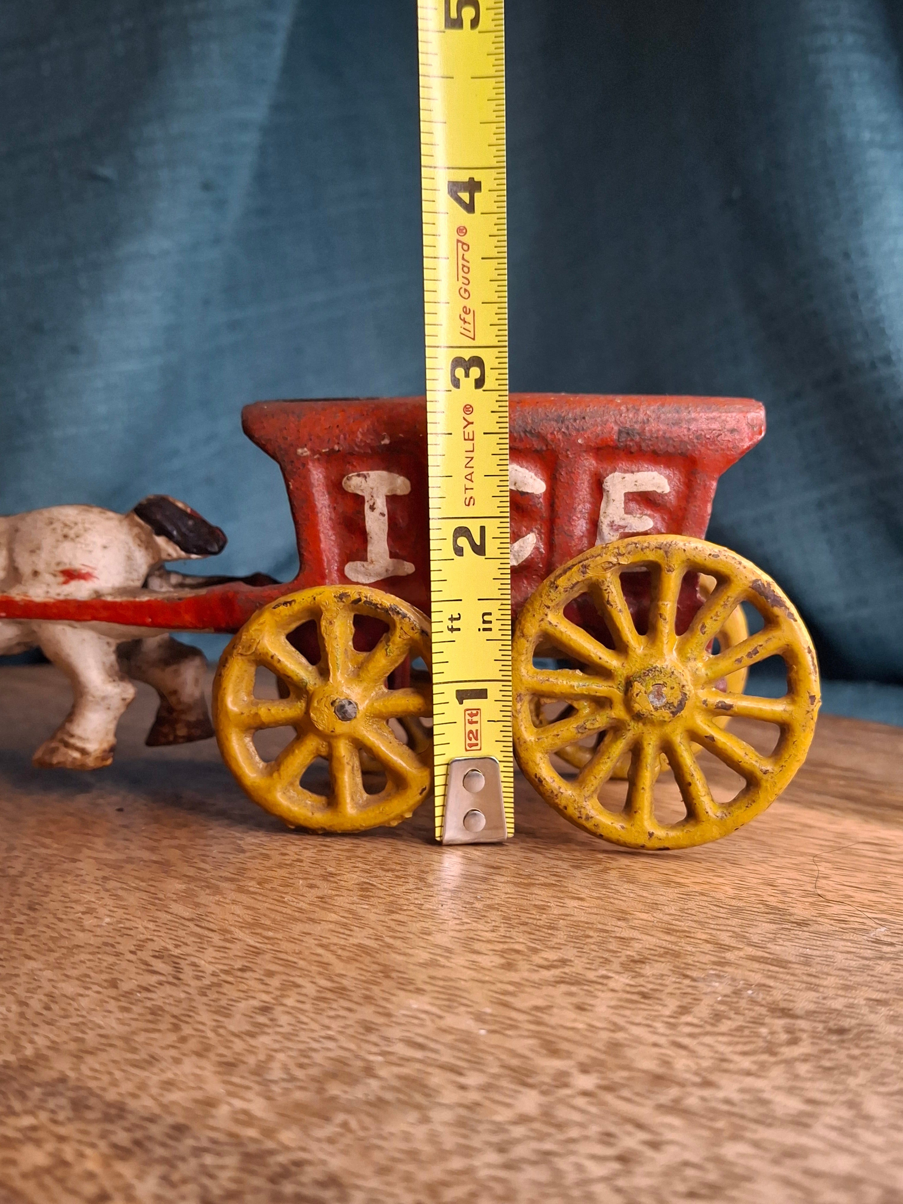 Antique Kenton Cast Iron Horse Drawn Ice Wagon Toy 7" - Red & Yellow Original Paint