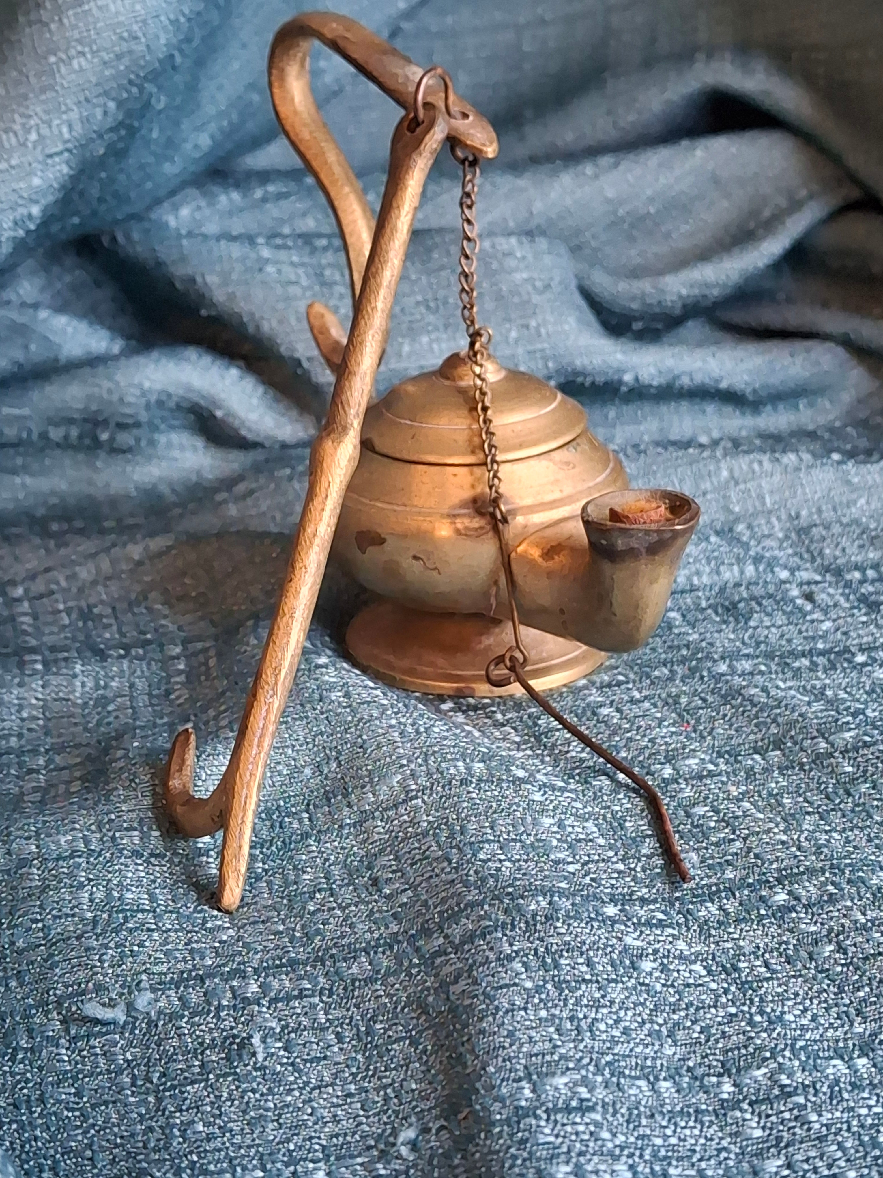 Antique Brass Betty Lamp with Hanging S-Hook Stand & Wick Pick - Primitive Oil Grease Lamp - 18th/19th Century Style
