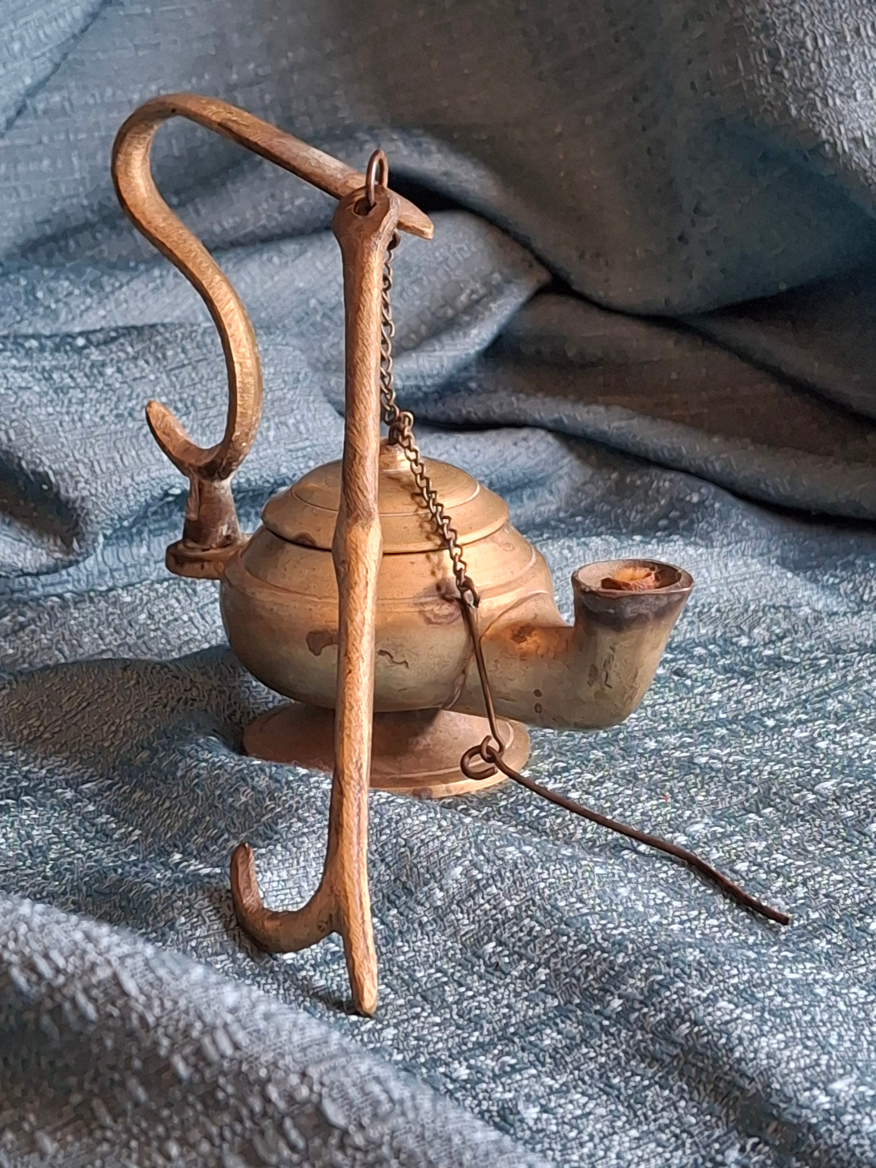 Antique Brass Betty Lamp with Hanging S-Hook Stand & Wick Pick - Primitive Oil Grease Lamp - 18th/19th Century Style