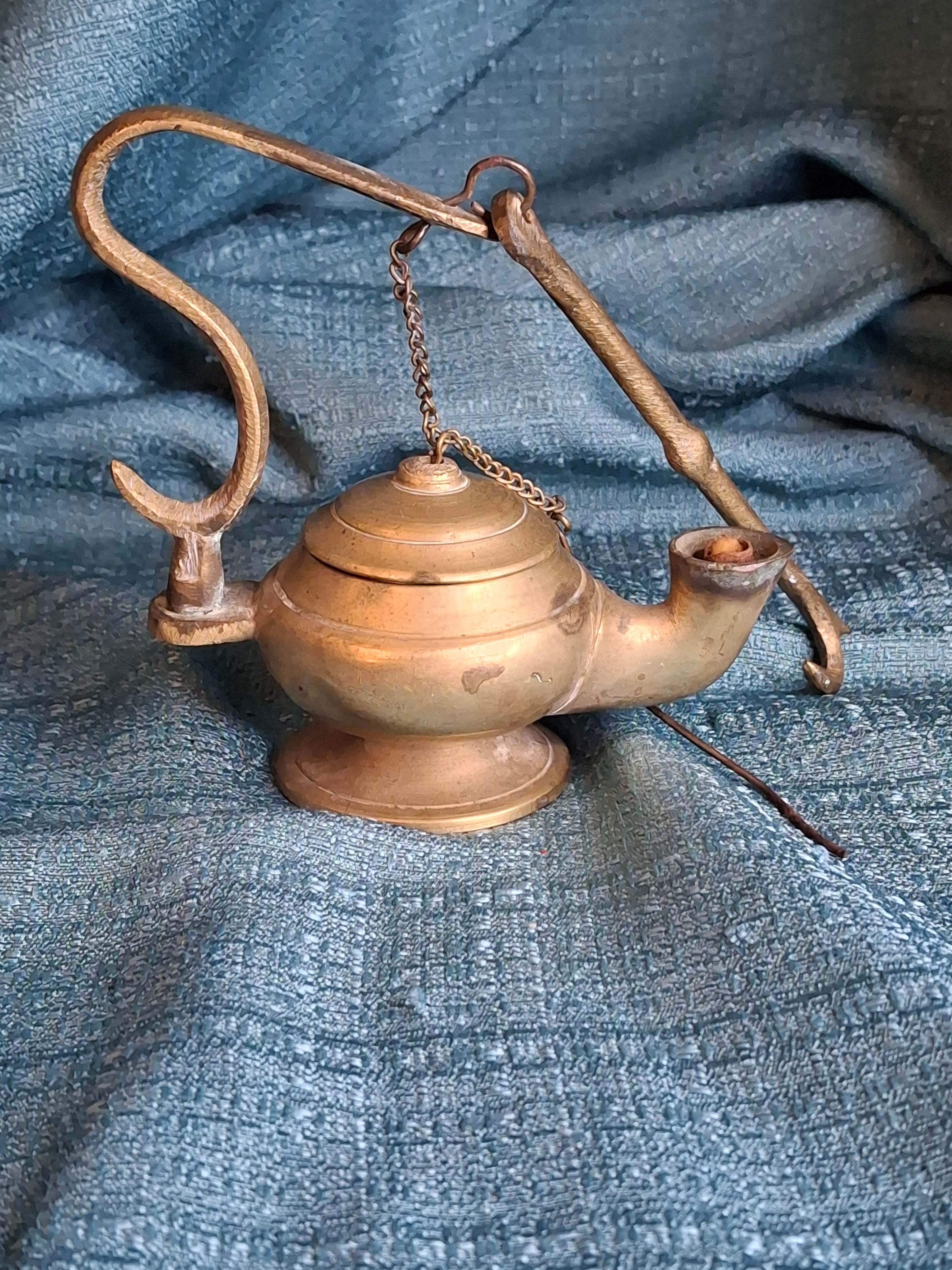 Antique Brass Betty Lamp with Hanging S-Hook Stand & Wick Pick - Primitive Oil Grease Lamp - 18th/19th Century Style