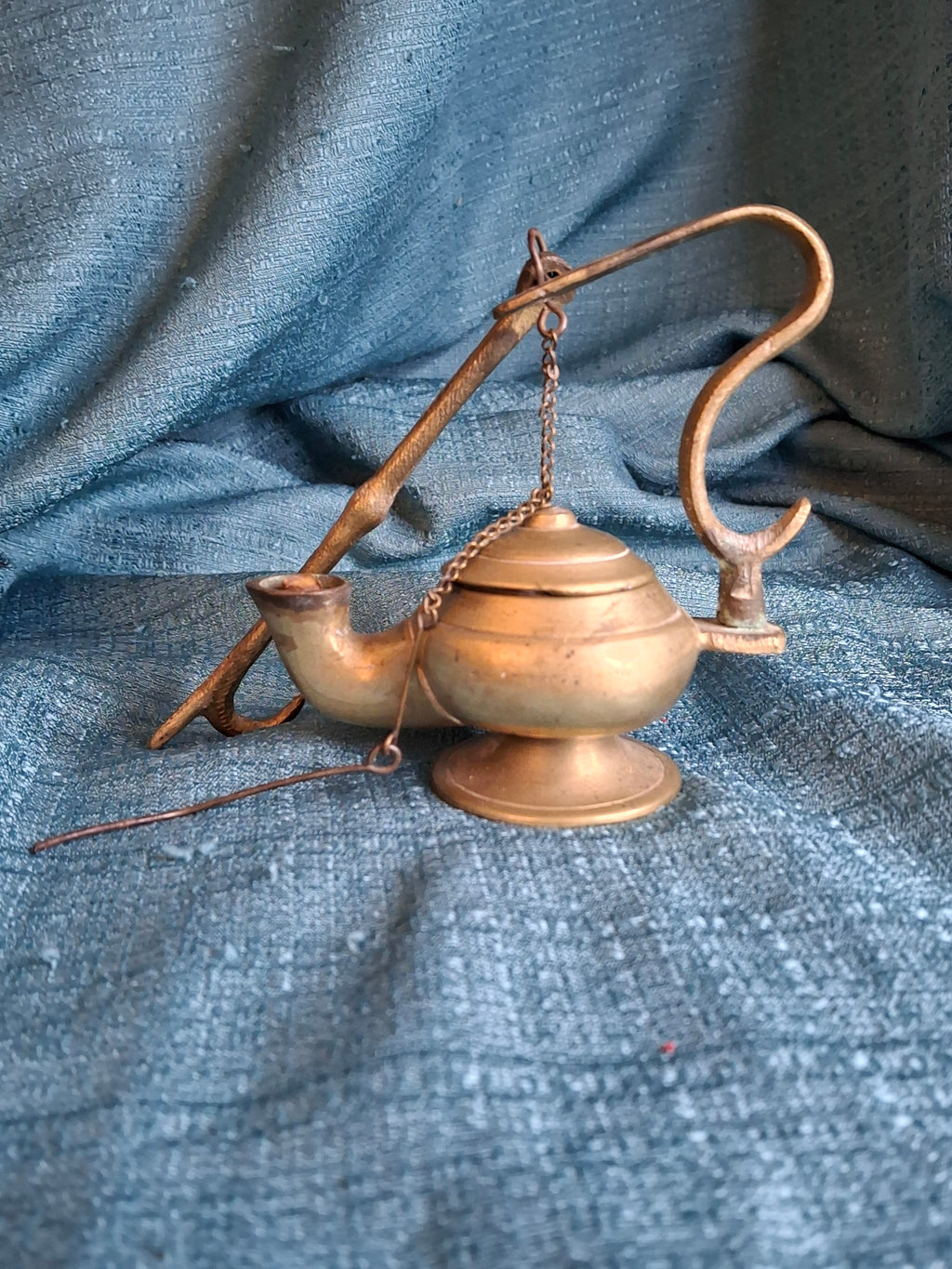 Antique Brass Betty Lamp with Hanging S-Hook Stand & Wick Pick - Primitive Oil Grease Lamp - 18th/19th Century Style