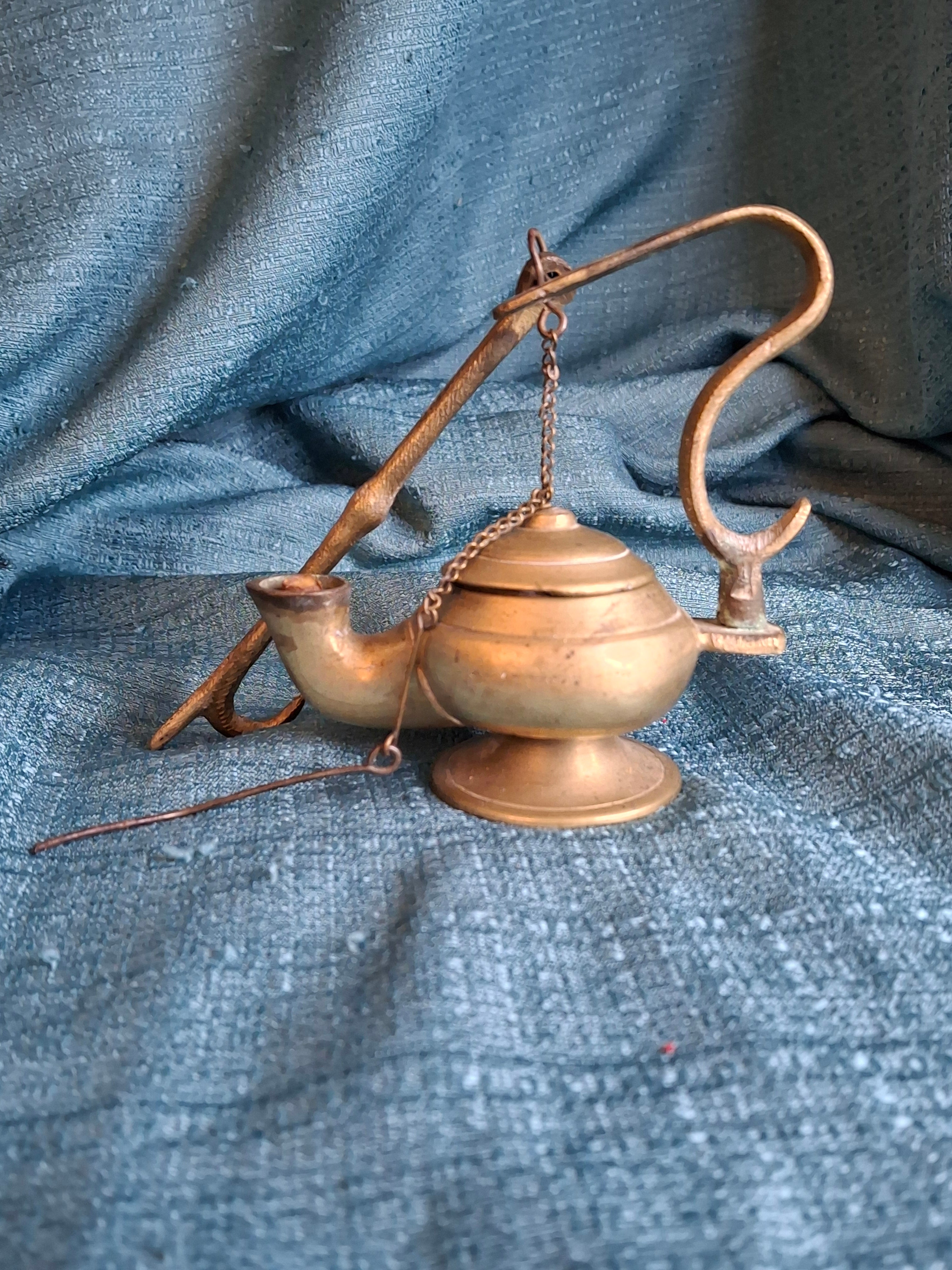 Antique Brass Betty Lamp with Hanging S-Hook Stand & Wick Pick - Primitive Oil Grease Lamp - 18th/19th Century Style