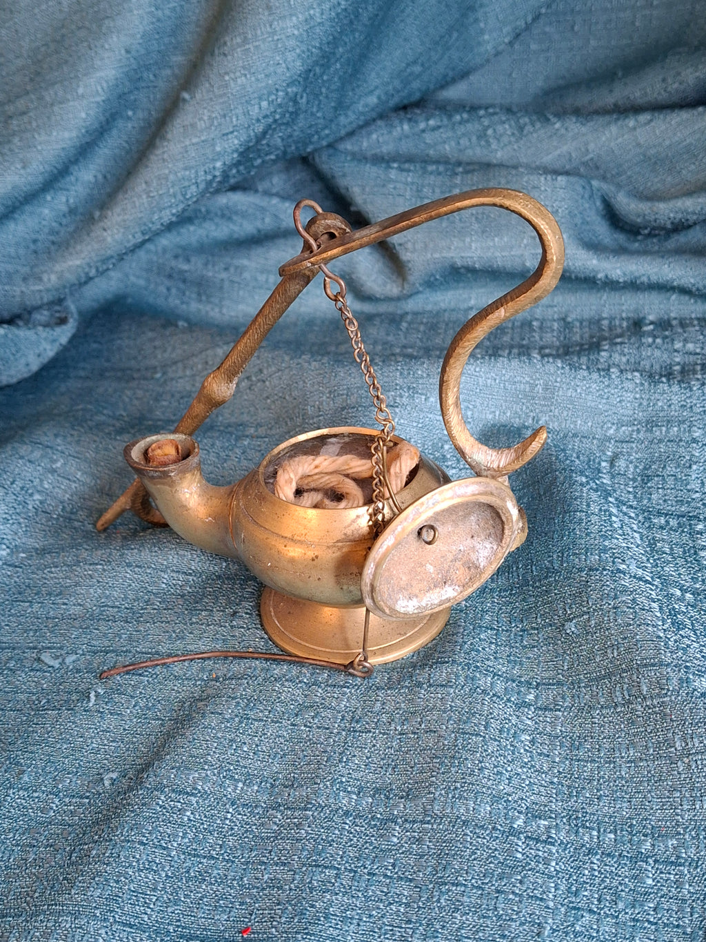 Antique Brass Betty Lamp with Hanging S-Hook Stand & Wick Pick - Primitive Oil Grease Lamp - 18th/19th Century Style