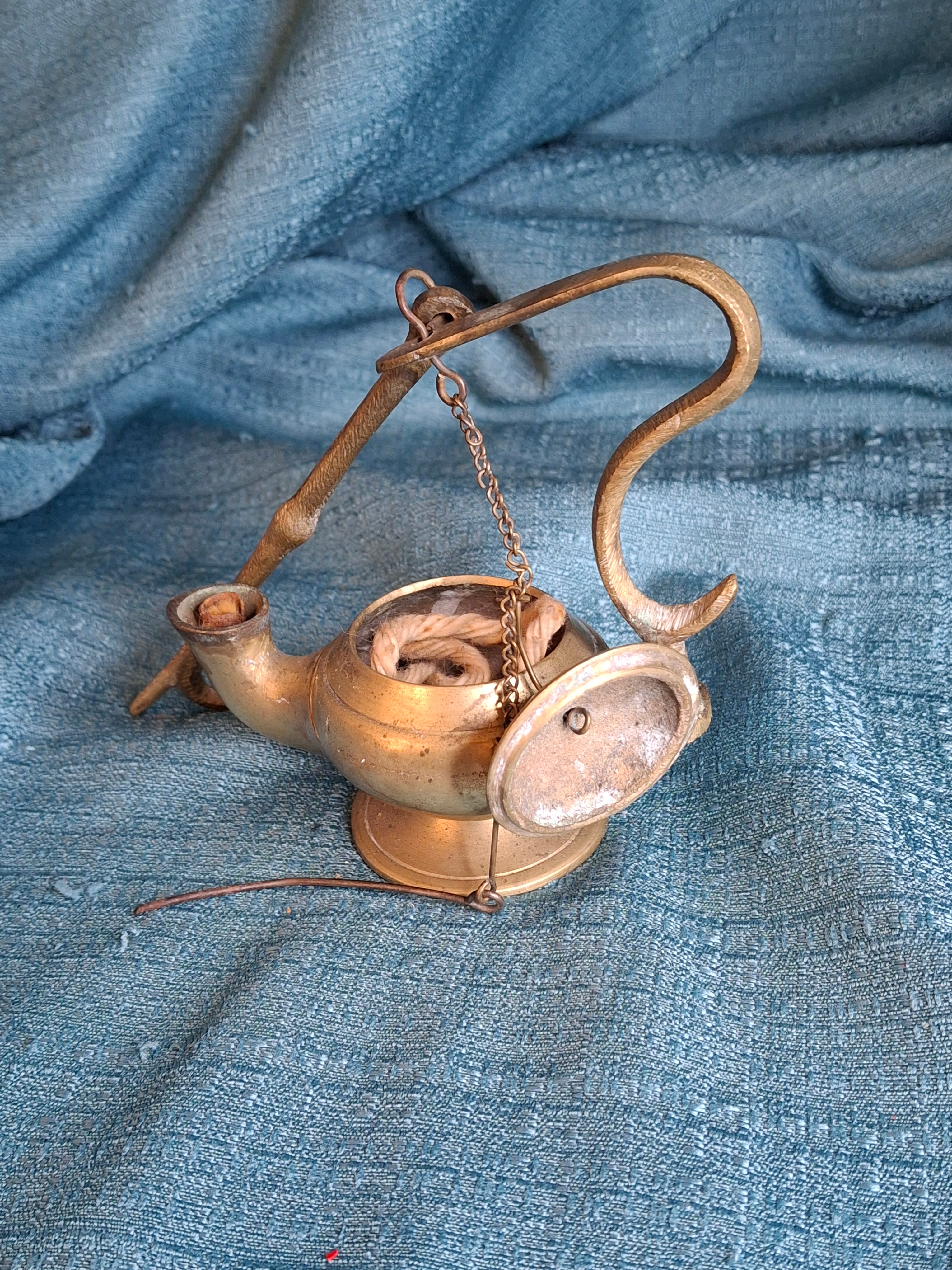 Antique Brass Betty Lamp with Hanging S-Hook Stand & Wick Pick - Primitive Oil Grease Lamp - 18th/19th Century Style