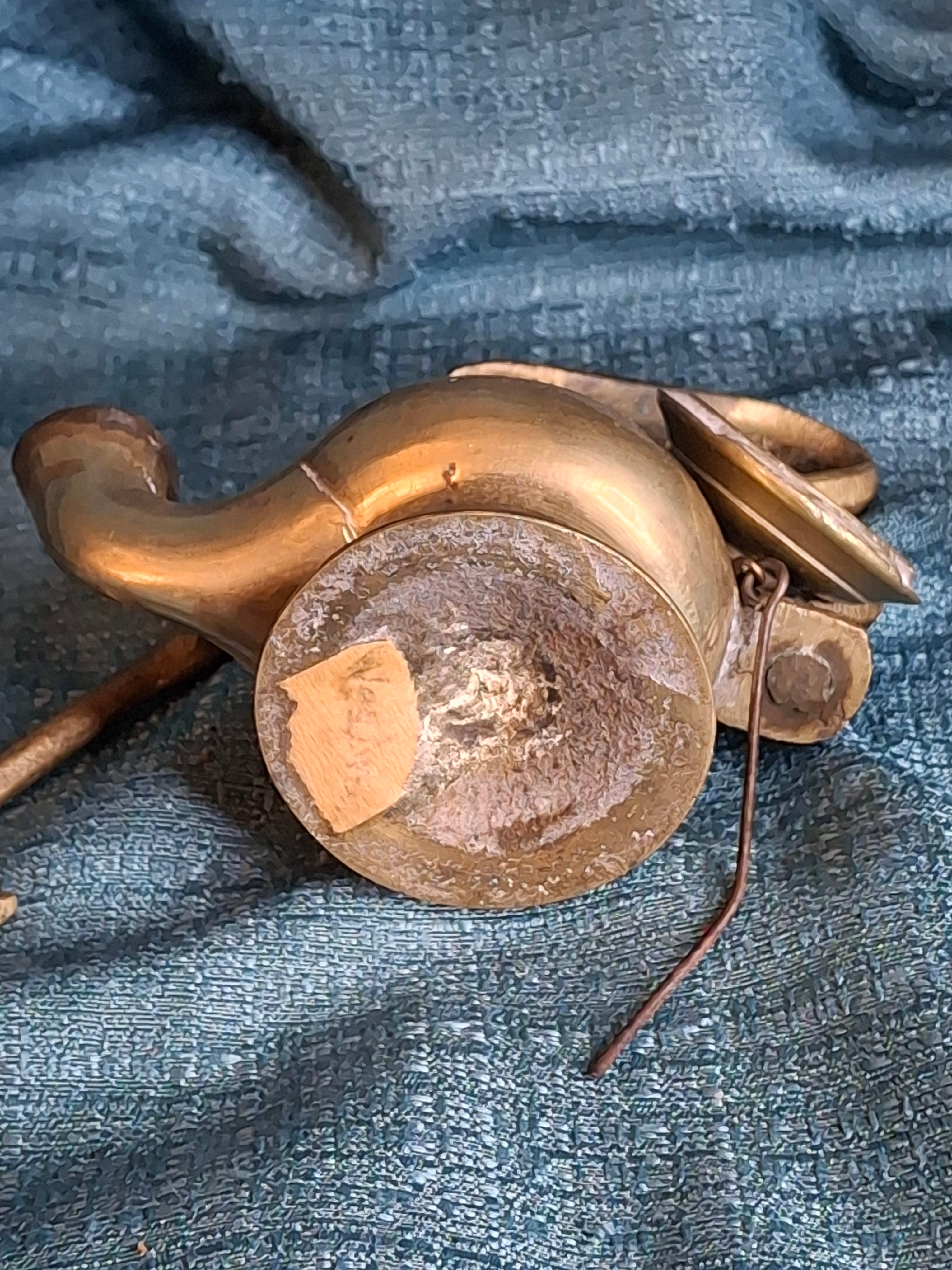 Antique Brass Betty Lamp with Hanging S-Hook Stand & Wick Pick - Primitive Oil Grease Lamp - 18th/19th Century Style