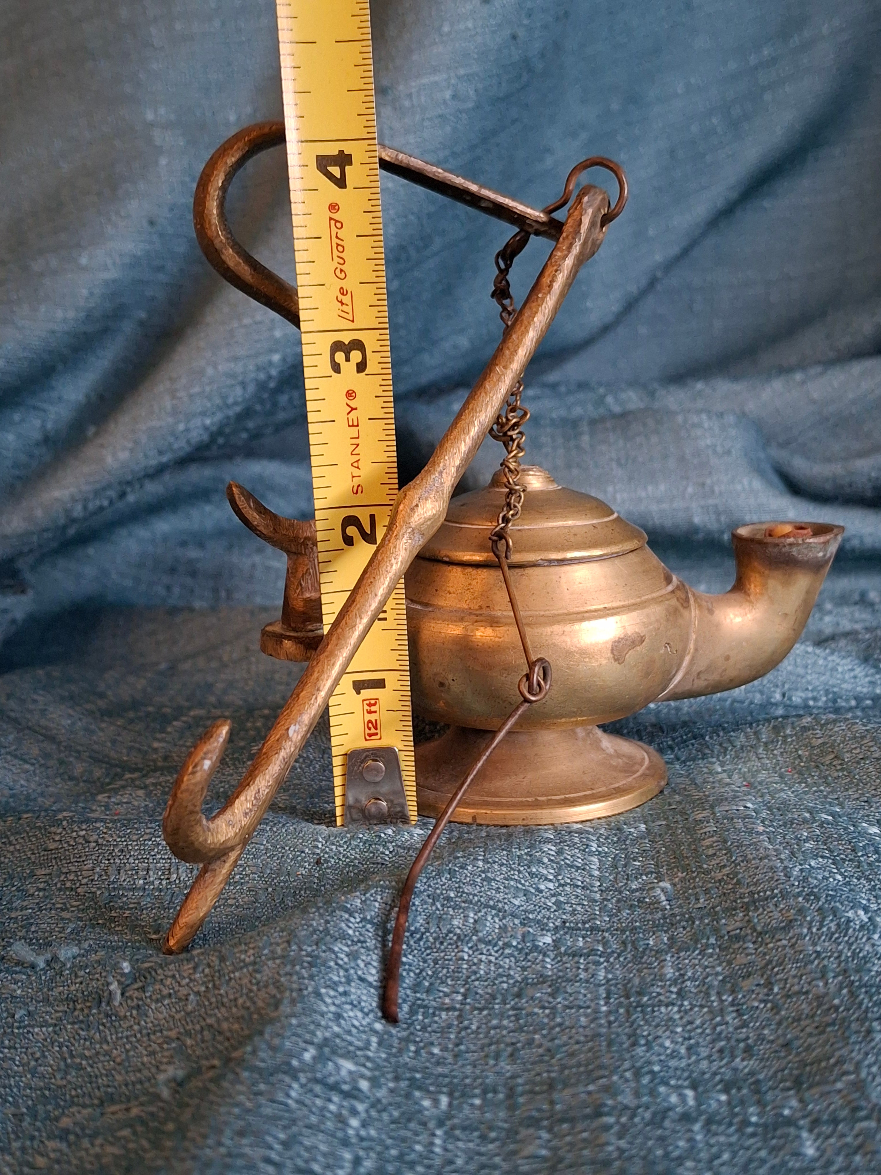 Antique Brass Betty Lamp with Hanging S-Hook Stand & Wick Pick - Primitive Oil Grease Lamp - 18th/19th Century Style