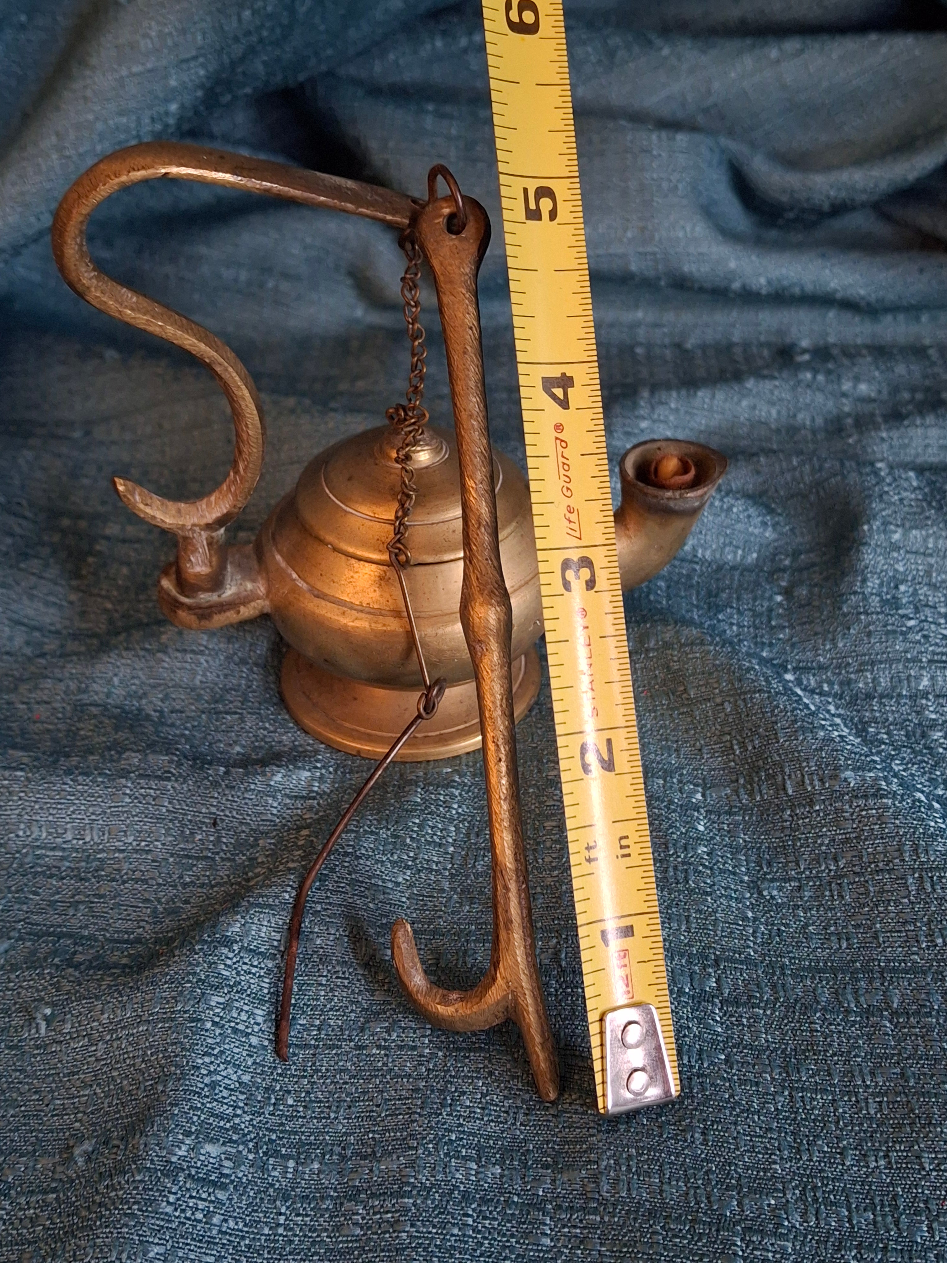 Antique Brass Betty Lamp with Hanging S-Hook Stand & Wick Pick - Primitive Oil Grease Lamp - 18th/19th Century Style