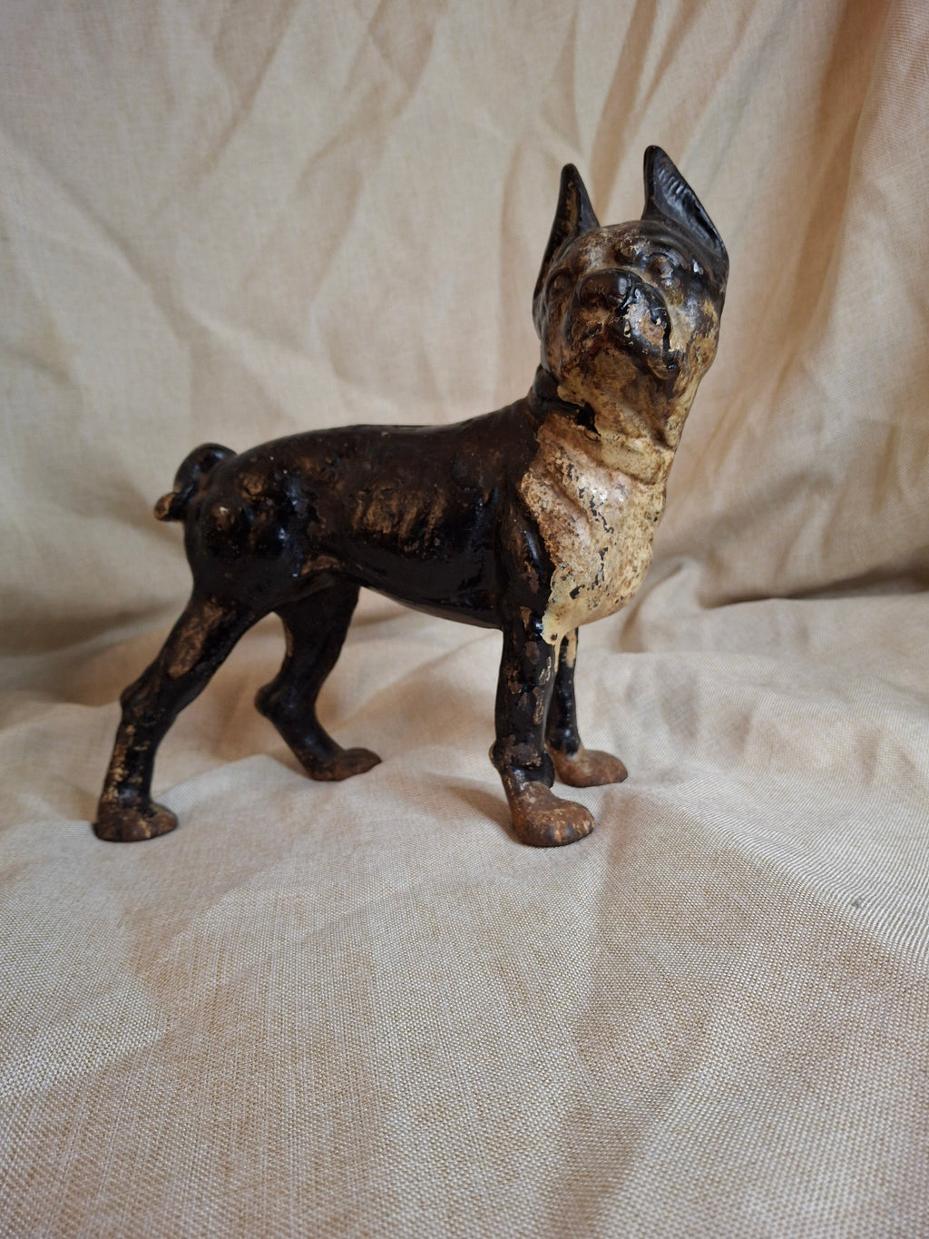 Antique HUBLEY Cast Iron Boston Terrier Dog Doorstop Original Paint c. 1920s 9"