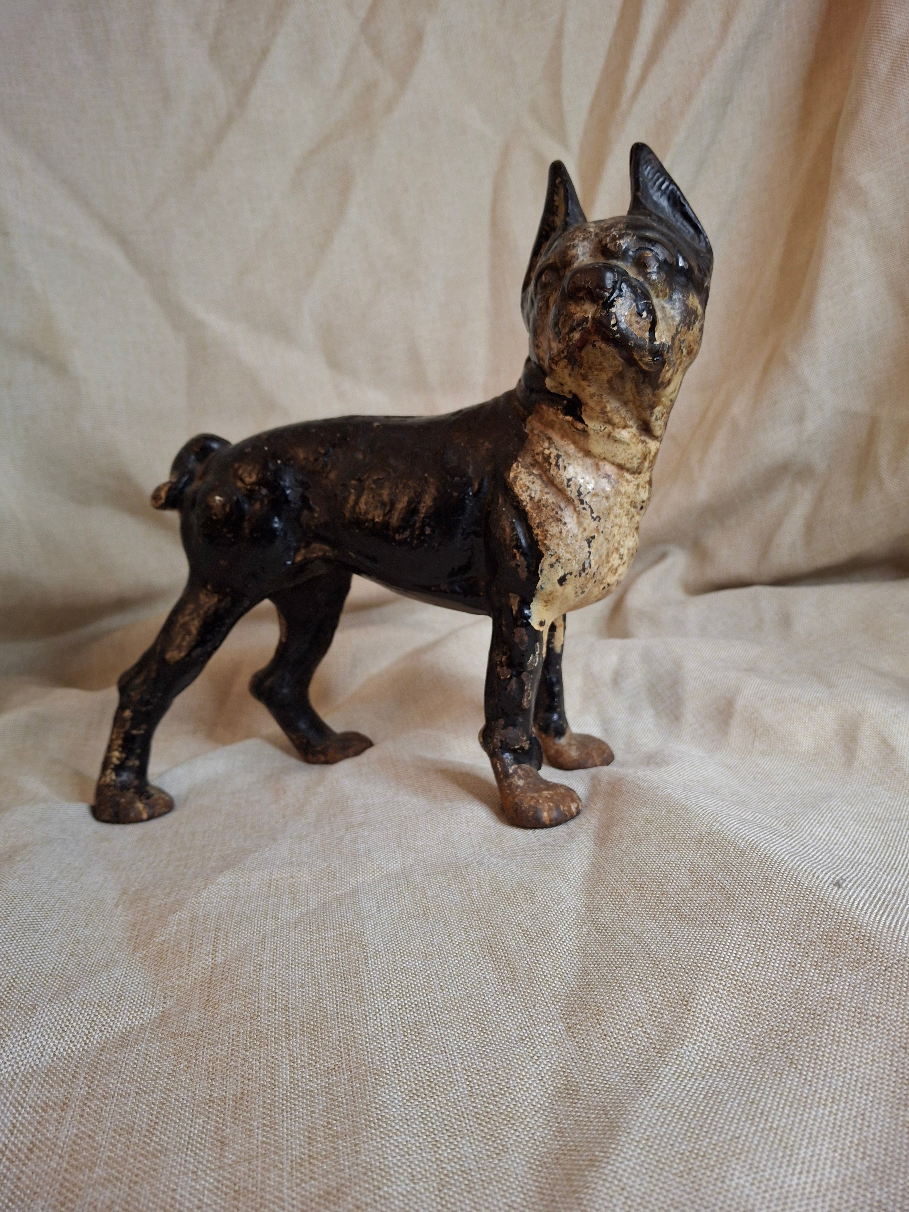 Antique HUBLEY Cast Iron Boston Terrier Dog Doorstop Original Paint c. 1920s 9"