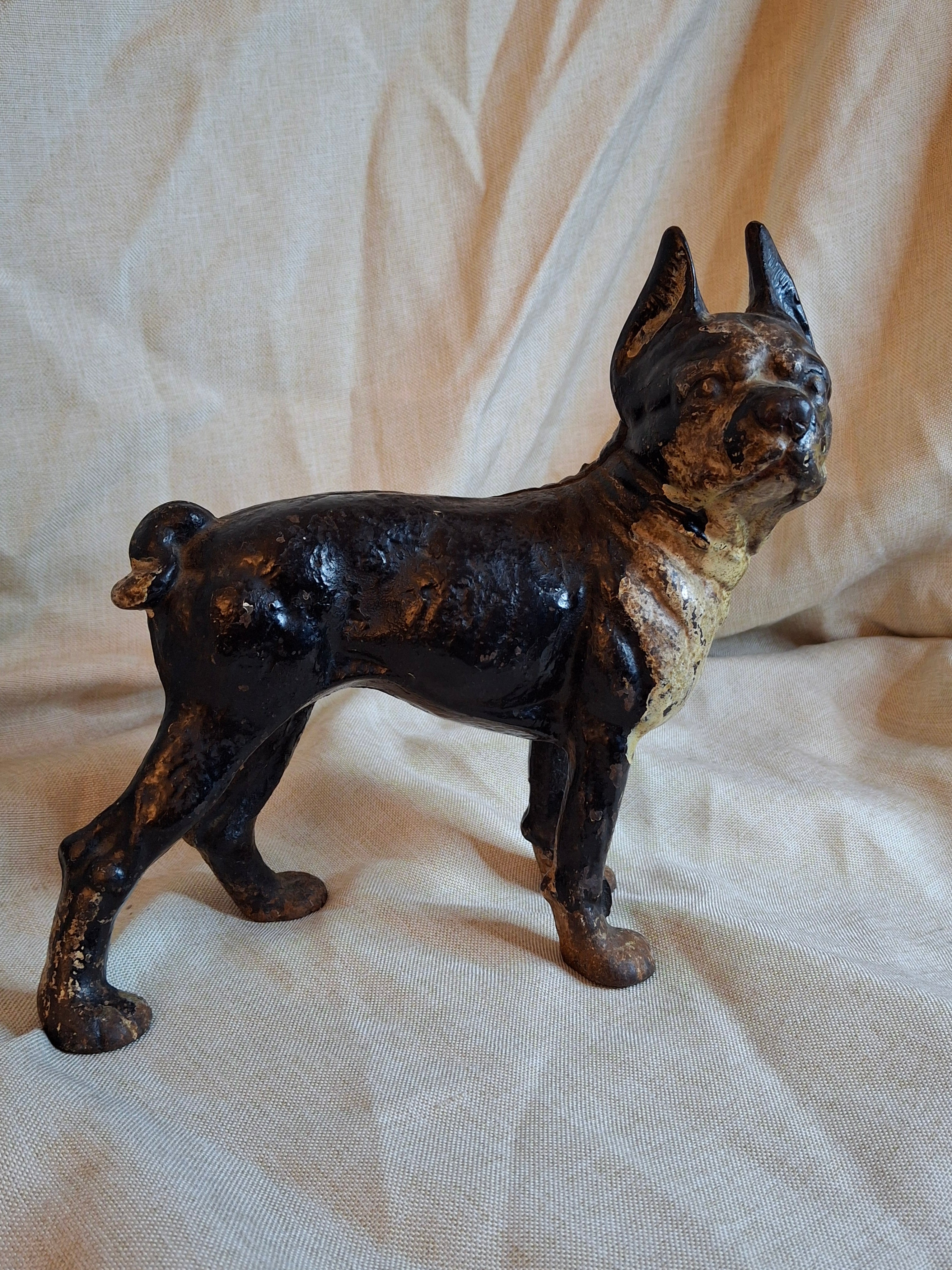 Antique HUBLEY Cast Iron Boston Terrier Dog Doorstop Original Paint c. 1920s 9"