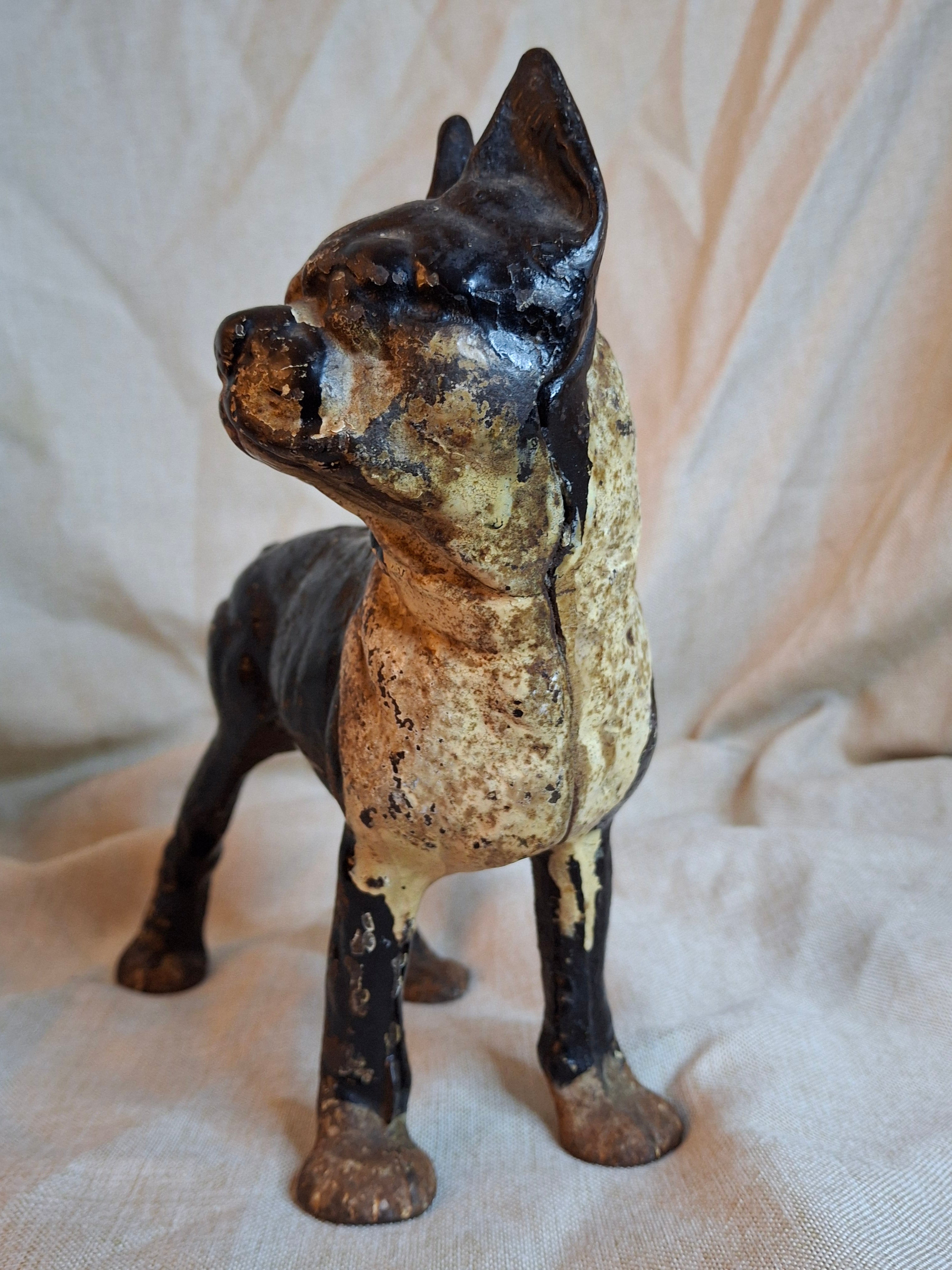 Antique HUBLEY Cast Iron Boston Terrier Dog Doorstop Original Paint c. 1920s 9"