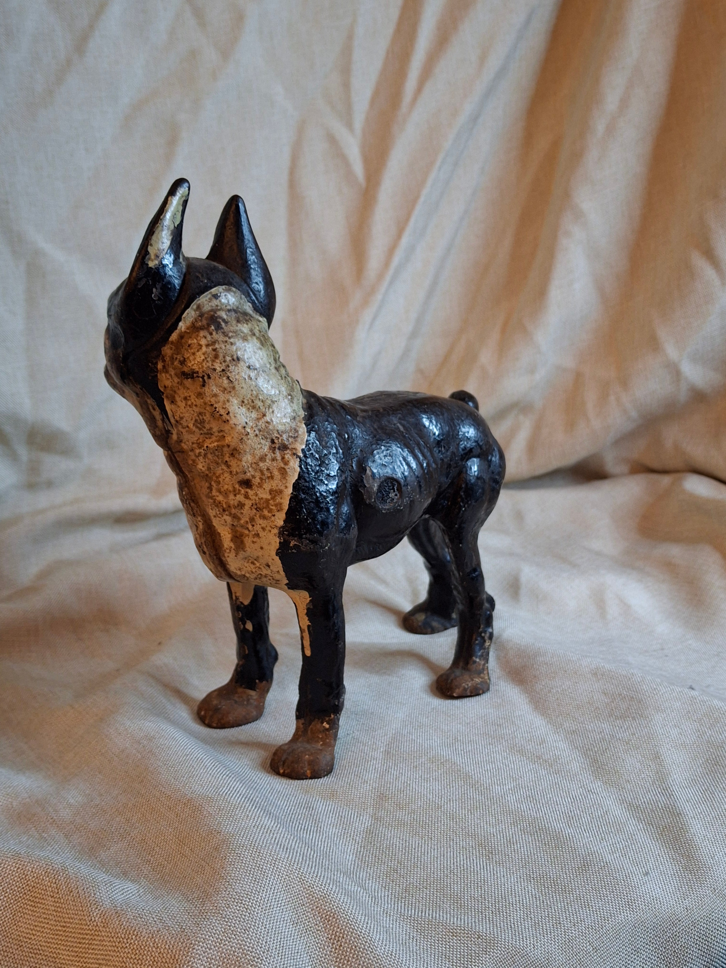 Antique HUBLEY Cast Iron Boston Terrier Dog Doorstop Original Paint c. 1920s 9"