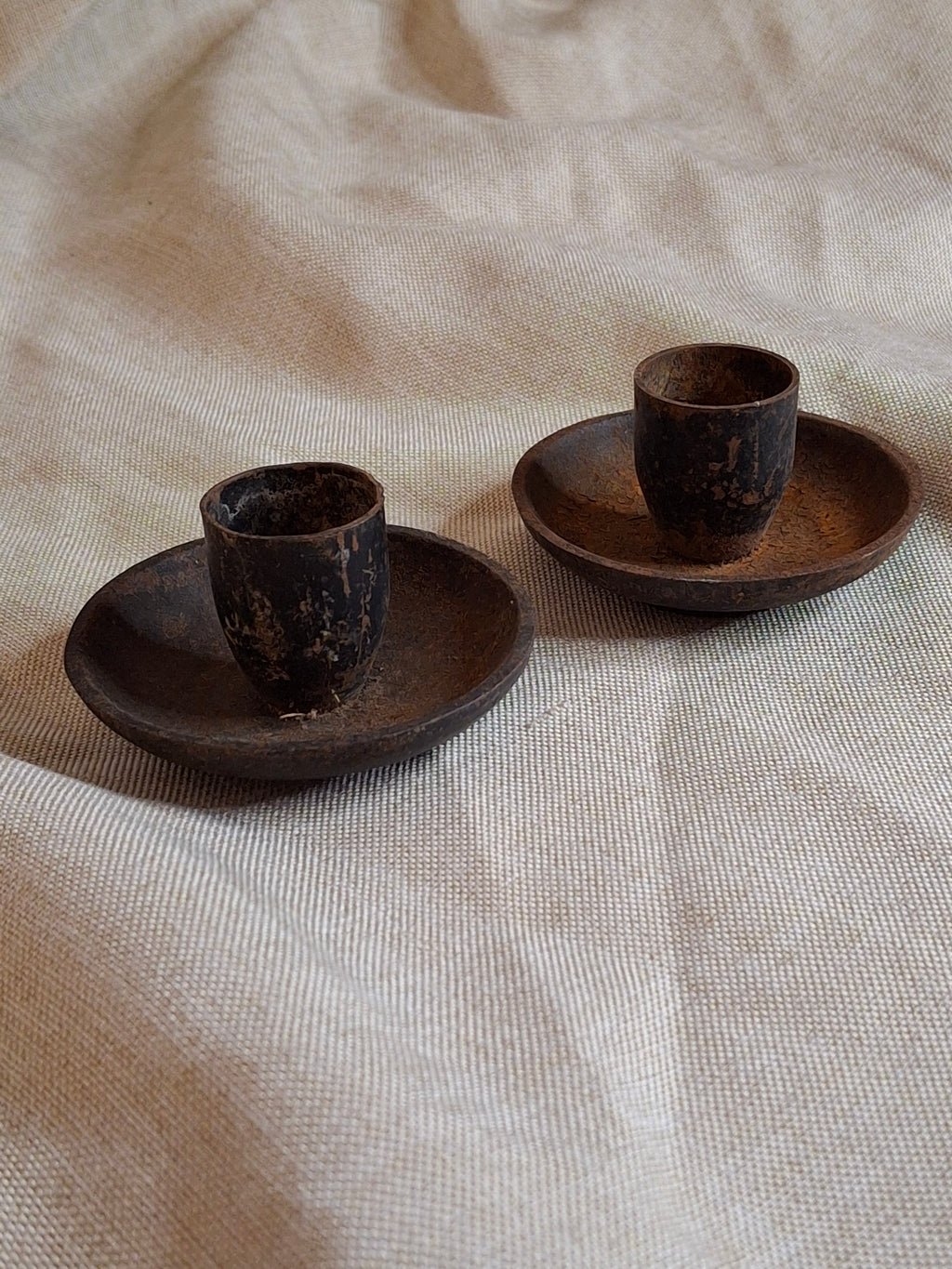 Pair Vintage Japanese Cast Iron Miniature Candle Holders - Saucer Chambersticks - Japan Marked - Primitive Rustic Wabi-Sabi