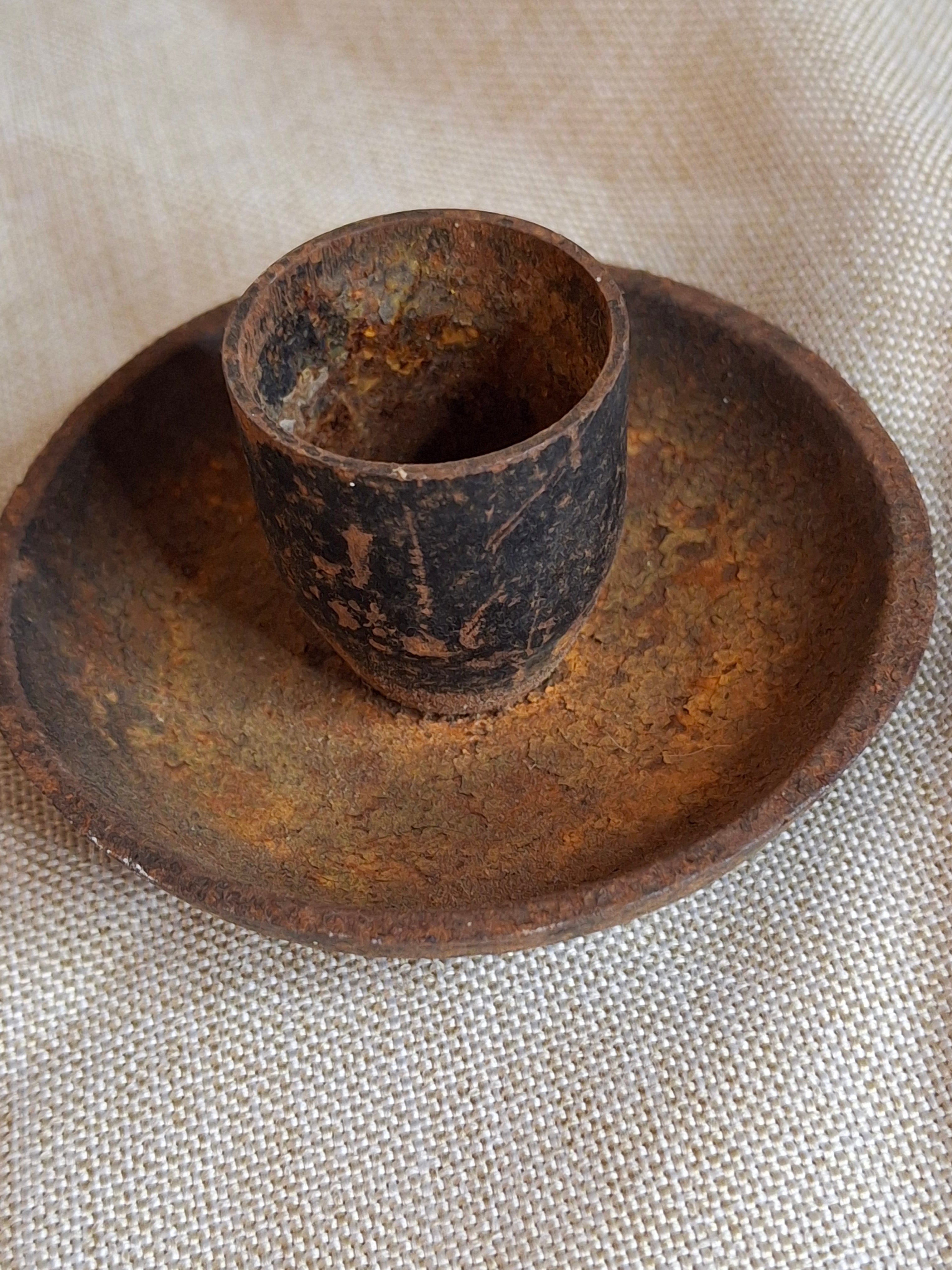 Pair Vintage Japanese Cast Iron Miniature Candle Holders - Saucer Chambersticks - Japan Marked - Primitive Rustic Wabi-Sabi