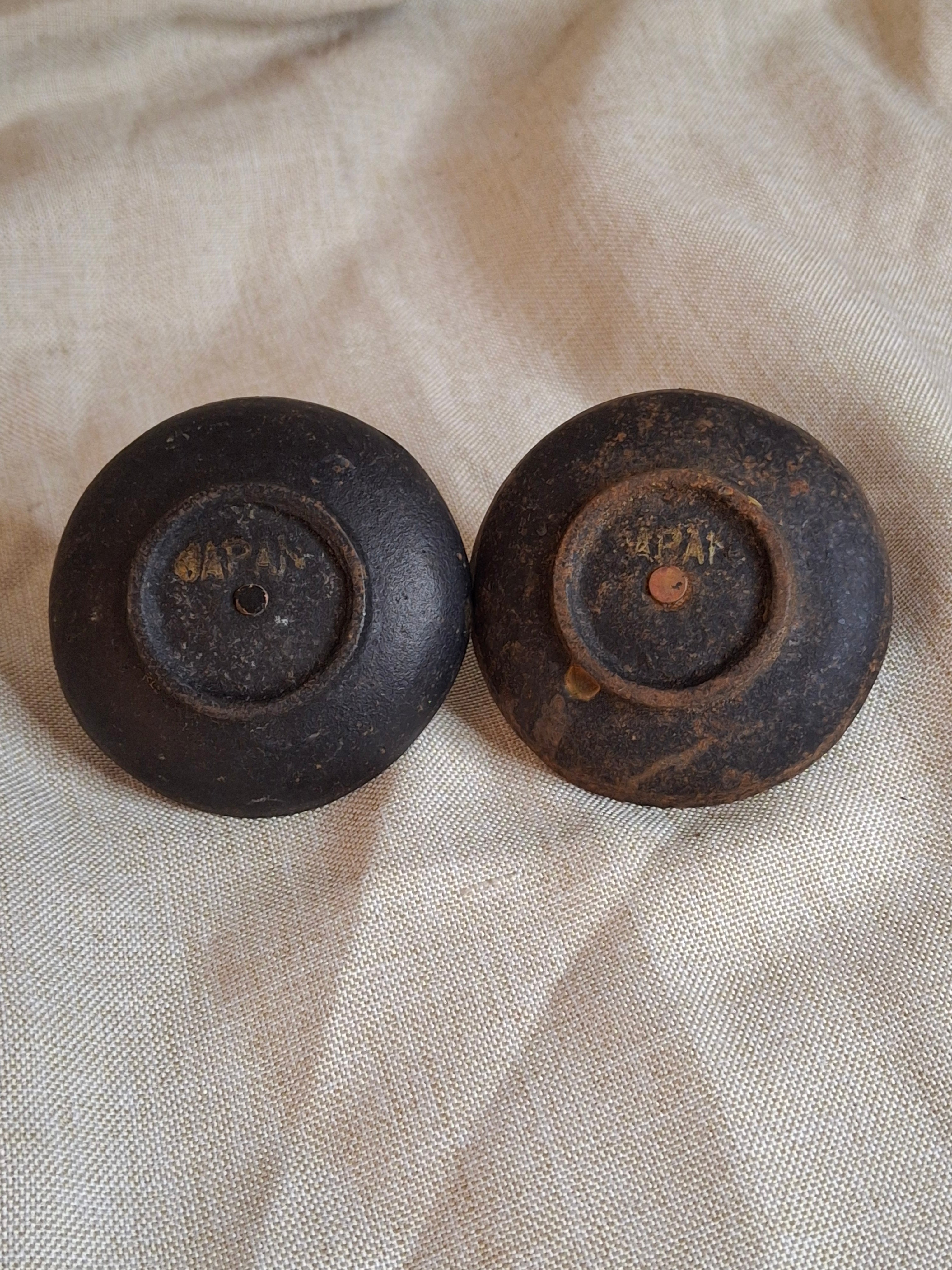 Pair Vintage Japanese Cast Iron Miniature Candle Holders - Saucer Chambersticks - Japan Marked - Primitive Rustic Wabi-Sabi