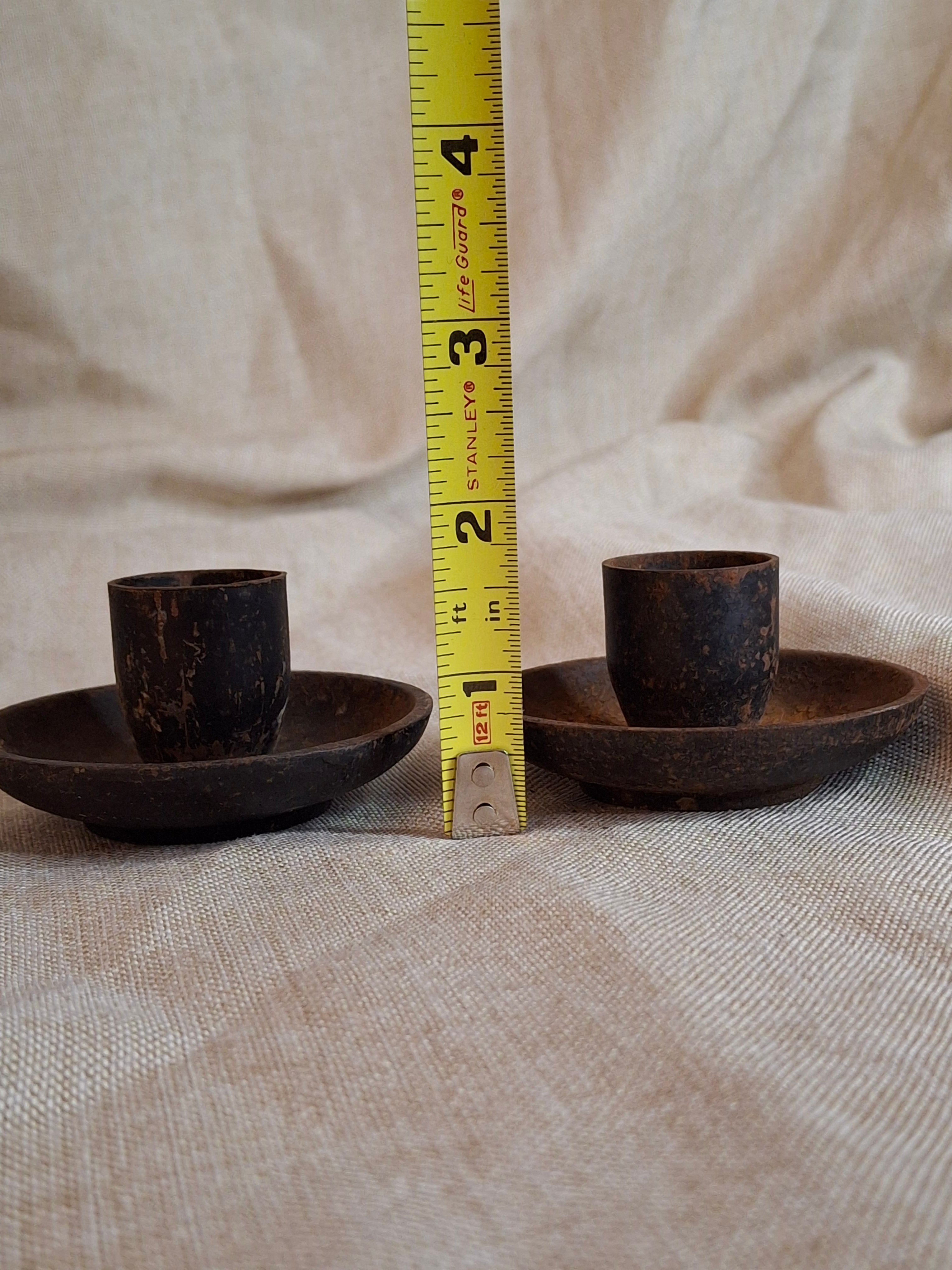 Pair Vintage Japanese Cast Iron Miniature Candle Holders - Saucer Chambersticks - Japan Marked - Primitive Rustic Wabi-Sabi