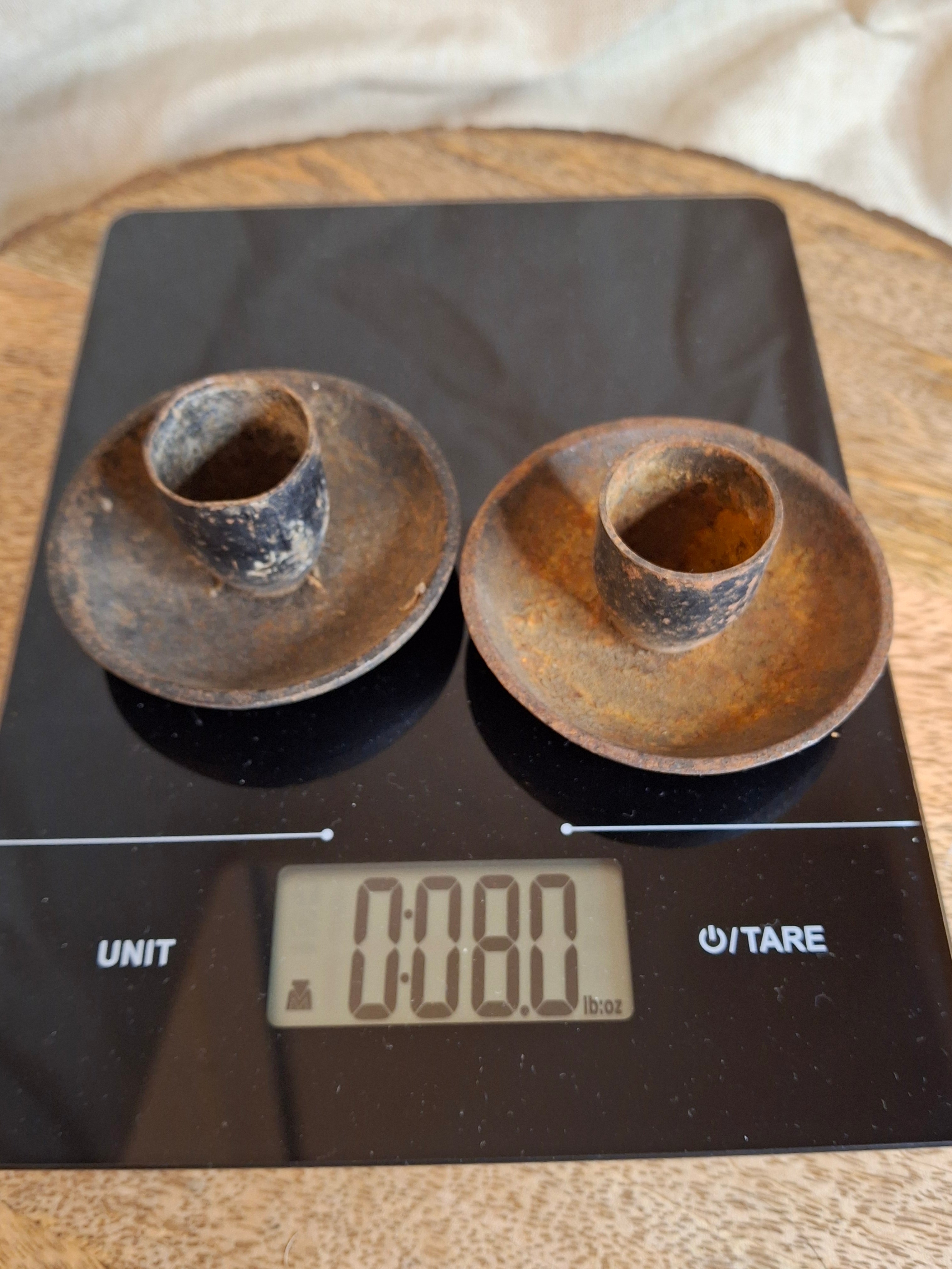 Pair Vintage Japanese Cast Iron Miniature Candle Holders - Saucer Chambersticks - Japan Marked - Primitive Rustic Wabi-Sabi