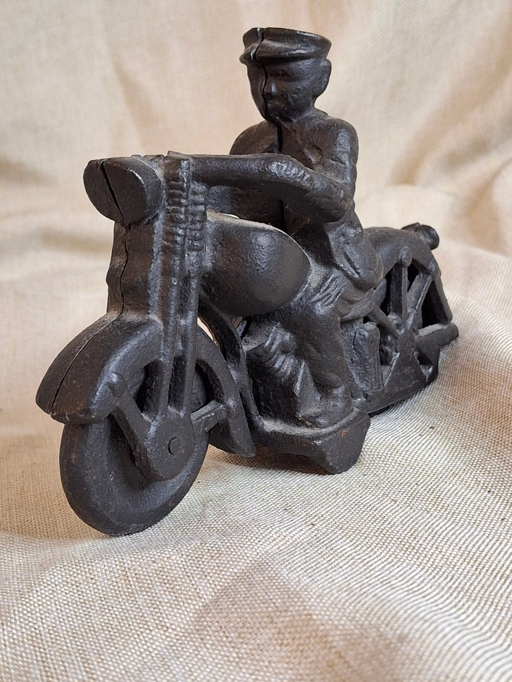 Antique 1930s Hubley Champion Cast Iron Police Motorcycle Toy – Black Patina 6"