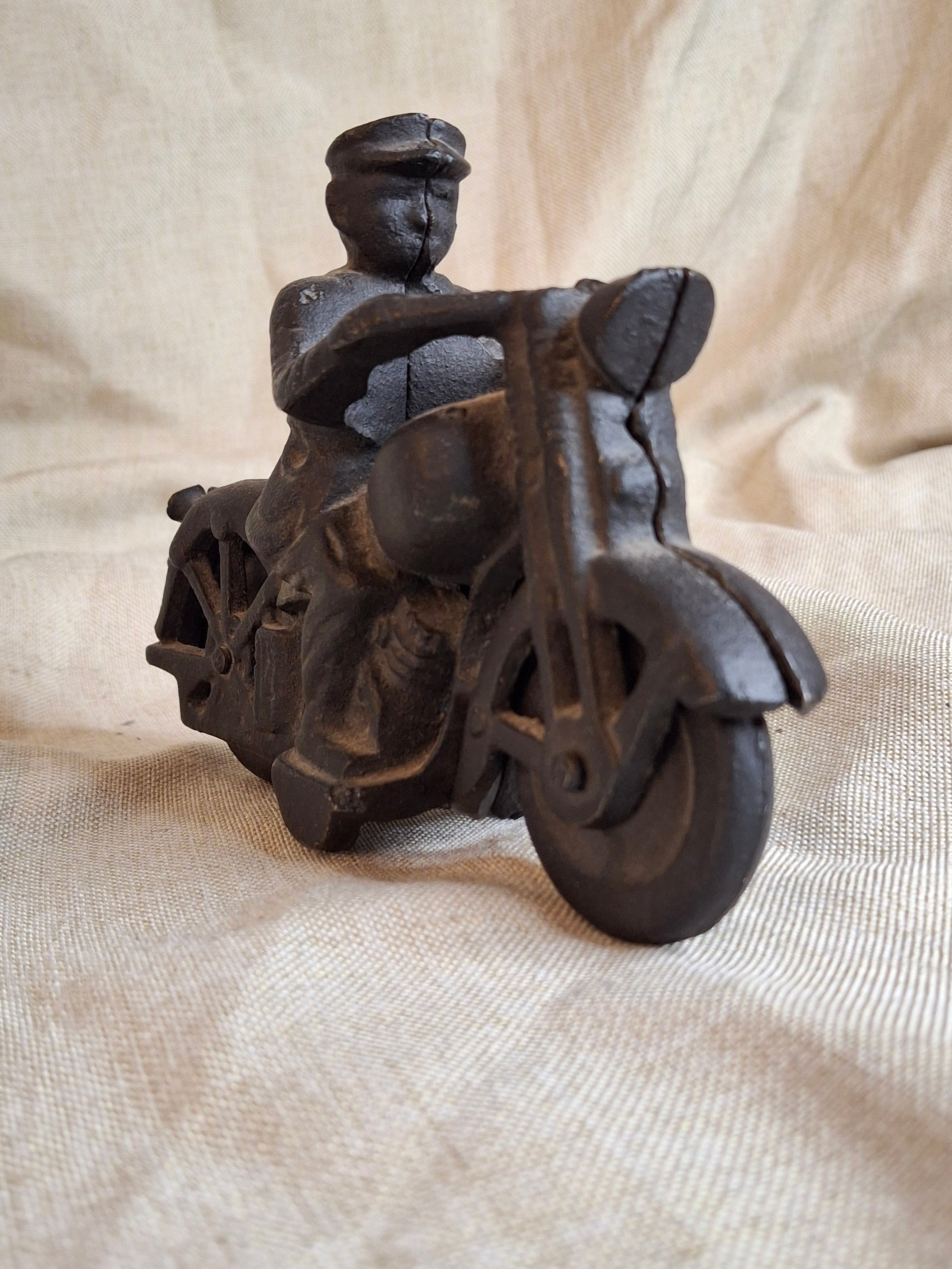 Antique 1930s Hubley Champion Cast Iron Police Motorcycle Toy – Black Patina 6"