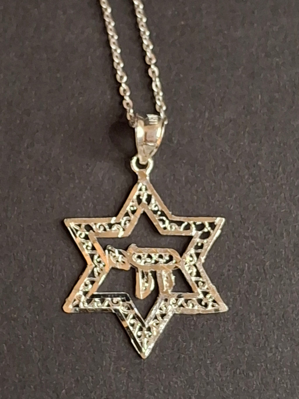 Vintage Sterling Silver Star of David Chai Pendant Necklace 925 Filigree Israel 18"