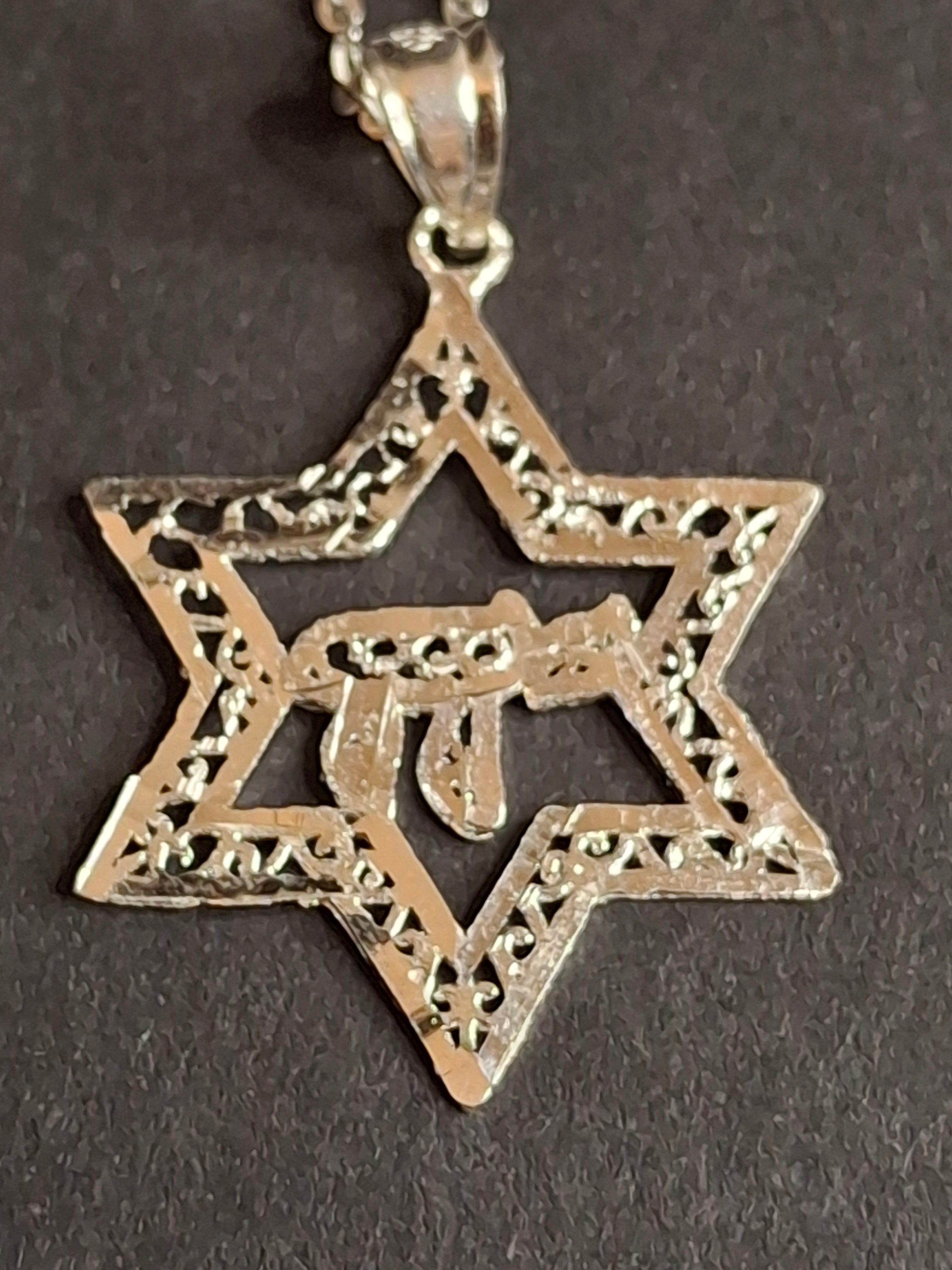 Vintage Sterling Silver Star of David Chai Pendant Necklace 925 Filigree Israel 18"