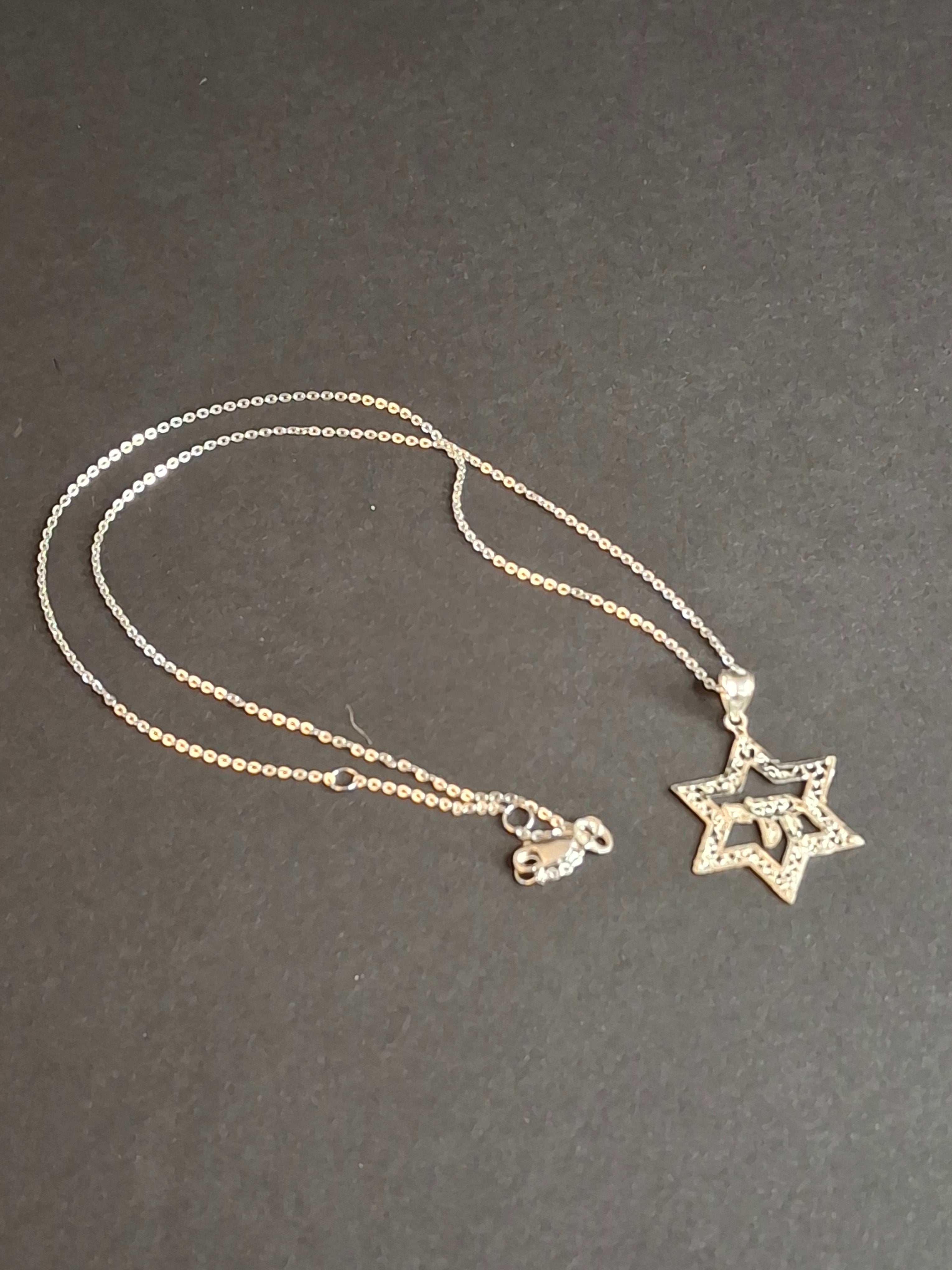 Vintage Sterling Silver Star of David Chai Pendant Necklace 925 Filigree Israel 18"