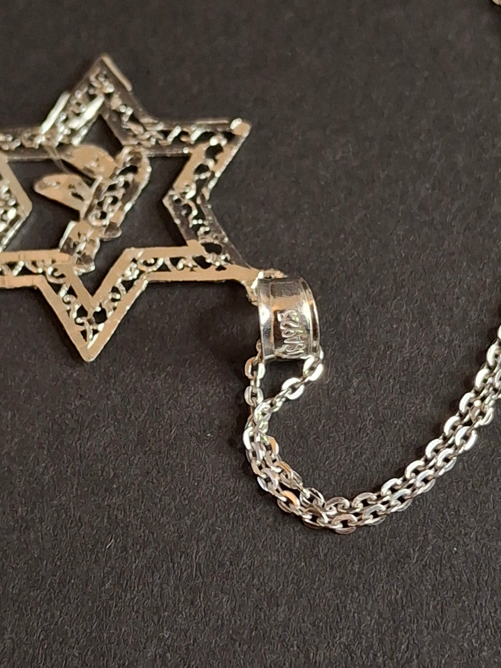 Vintage Sterling Silver Star of David Chai Pendant Necklace 925 Filigree Israel 18"