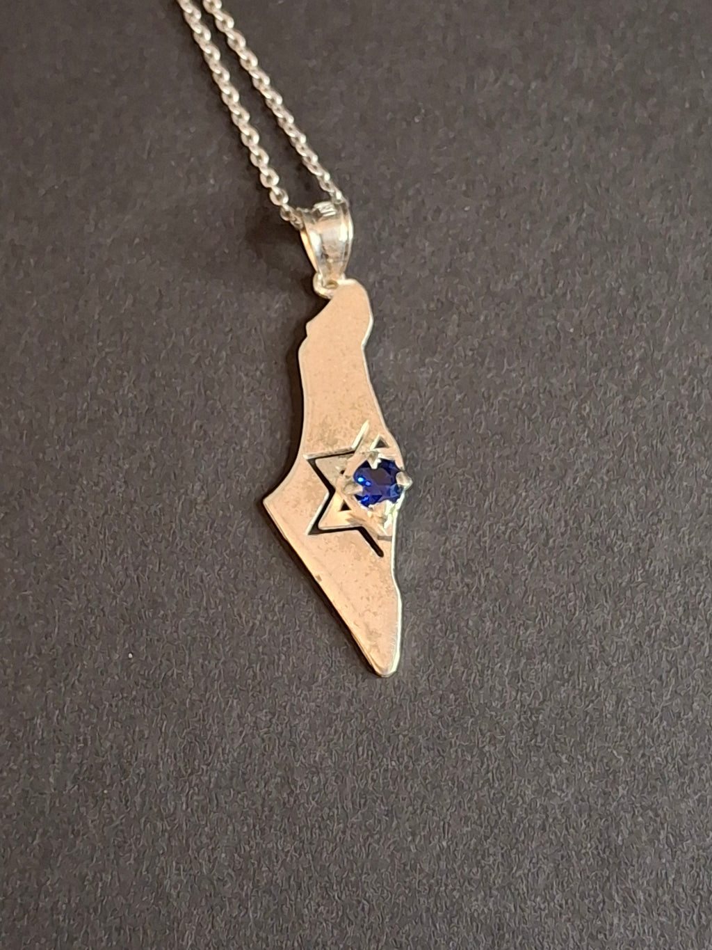 Sterling Silver Israel Map Pendant Necklace 925 Star of David Blue Stone 18"