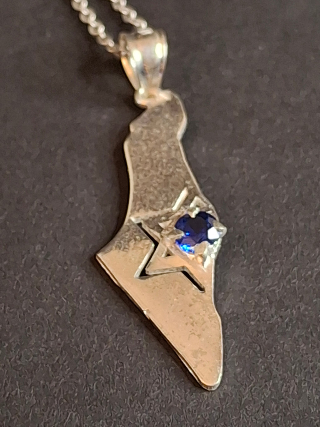 Sterling Silver Israel Map Pendant Necklace 925 Star of David Blue Stone 18"